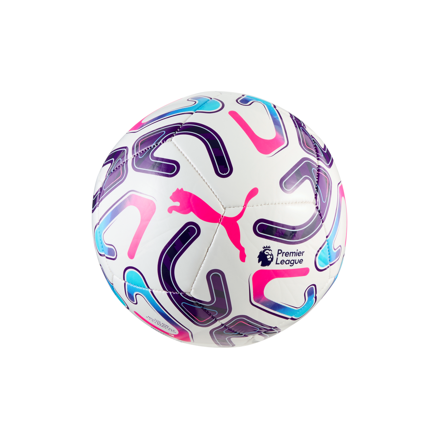 A white Puma Premier League soccer ball featuring colorful pink, purple, and blue geometric patterns.