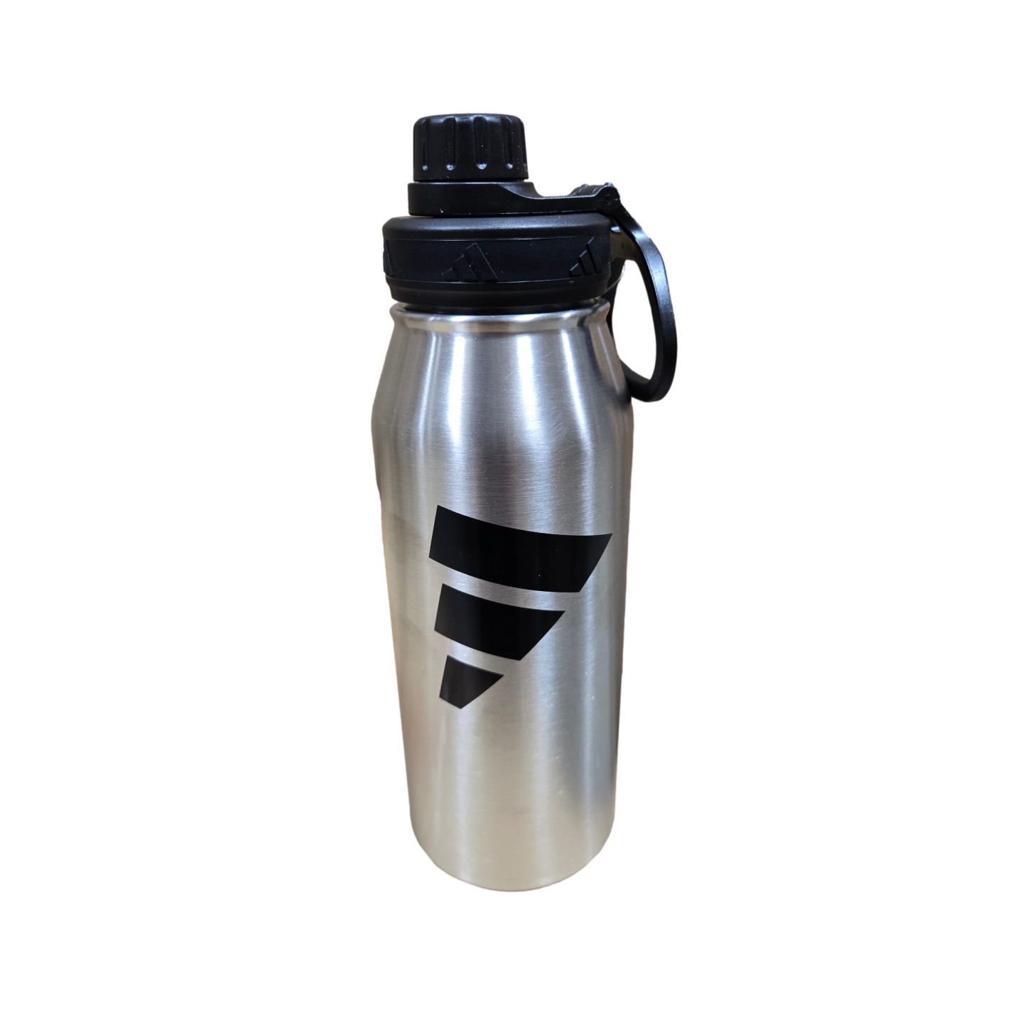 Silver stainless steel Adidas water bottle with a black screw-on lid, carrying loop, and black logo on the side.