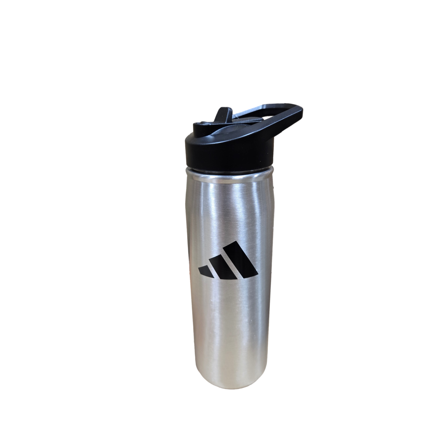 Silver metal Adidas water bottle with a black flip-top lid and black logo.