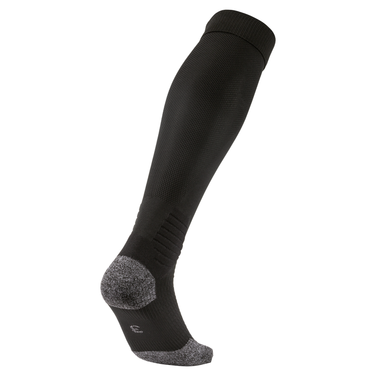 A tall black athletic sock with gray reinforced heel and toe, a ribbed top, and textured calf, isolated on white.
