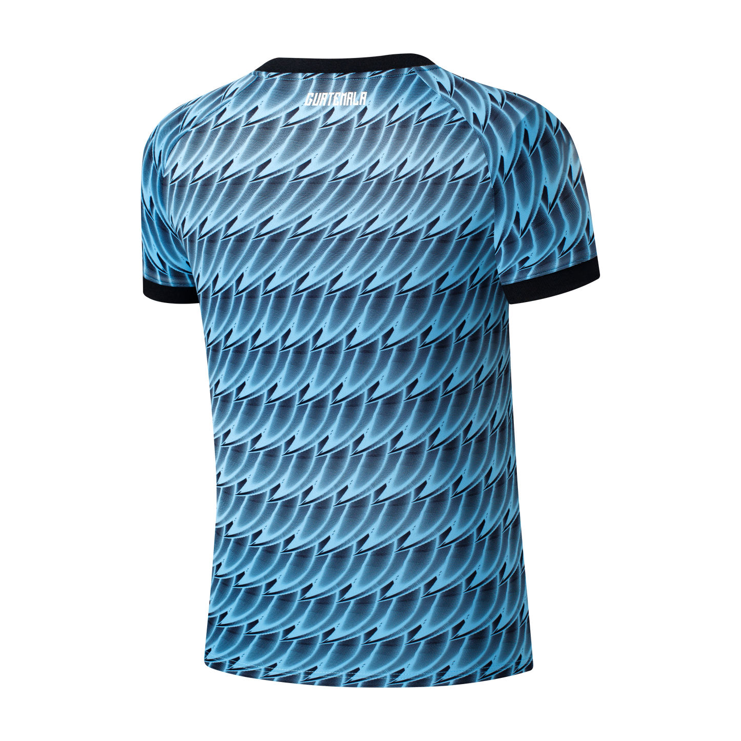 Back of a light blue soccer jersey with a repeating dark blue feather-like pattern. "GUATEMALA" is printed in white below the collar.