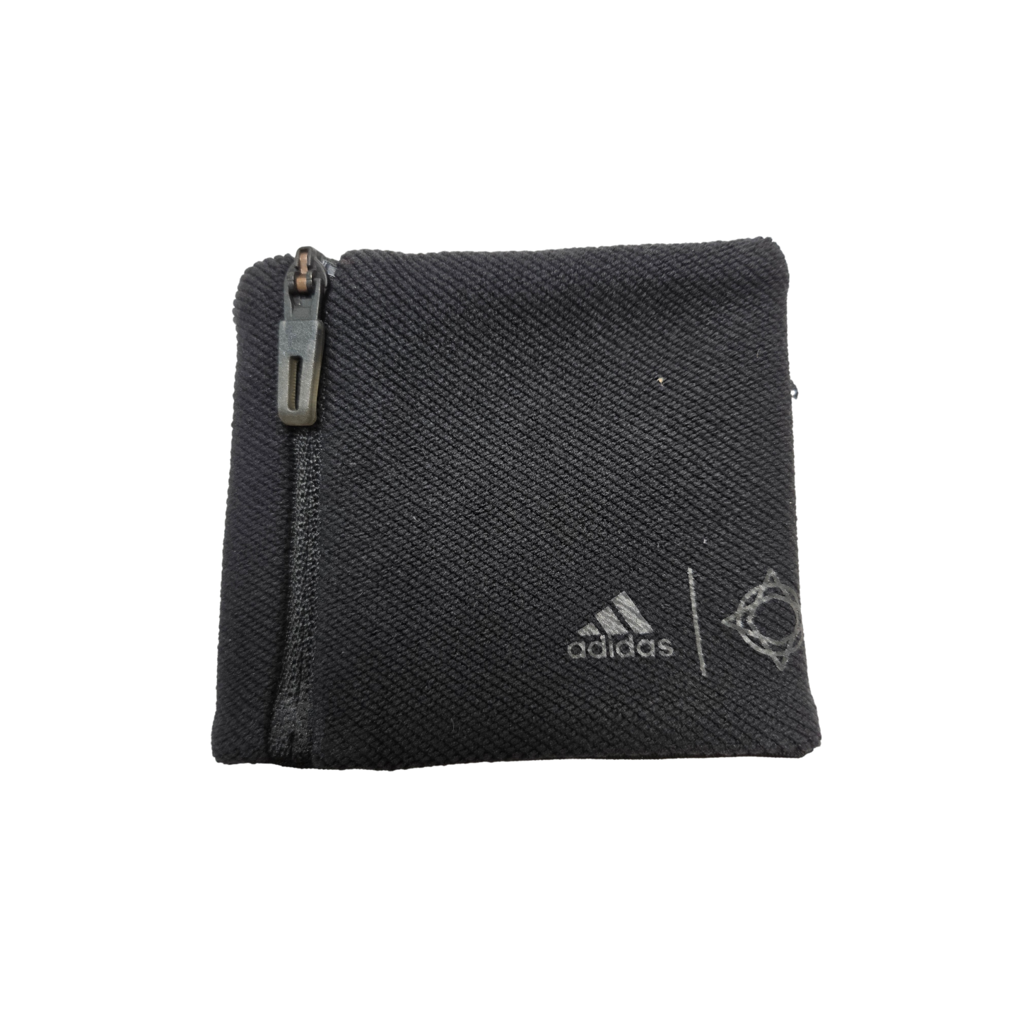 Black ribbed fabric zippered pouch with silver Adidas and Stella McCartney logos.
