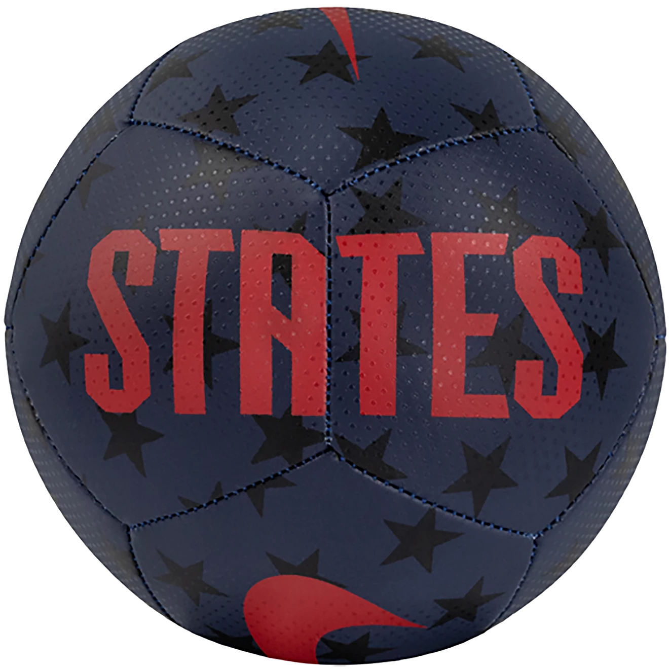 Navy blue soccer ball featuring red "STATES" block lettering across the center, a red Nike swoosh, and black stars on a textured surface.