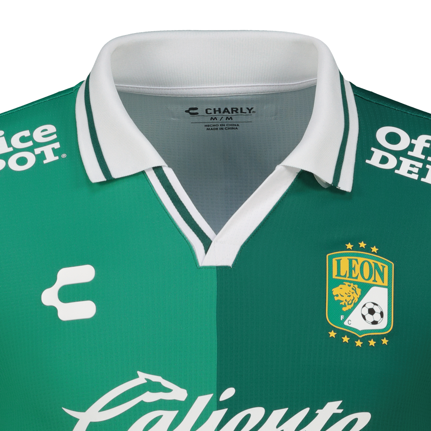 A green Club León soccer jersey by Charly with a white polo collar, featuring the team crest and various sponsor logos.
