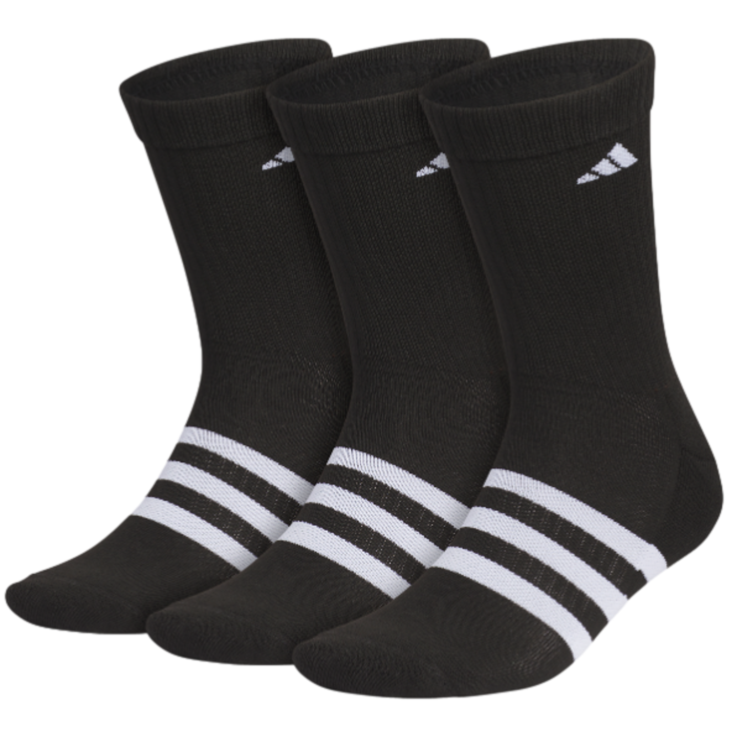 Three black crew socks with three white horizontal stripes around the foot and a small white brand logo near the cuff.
