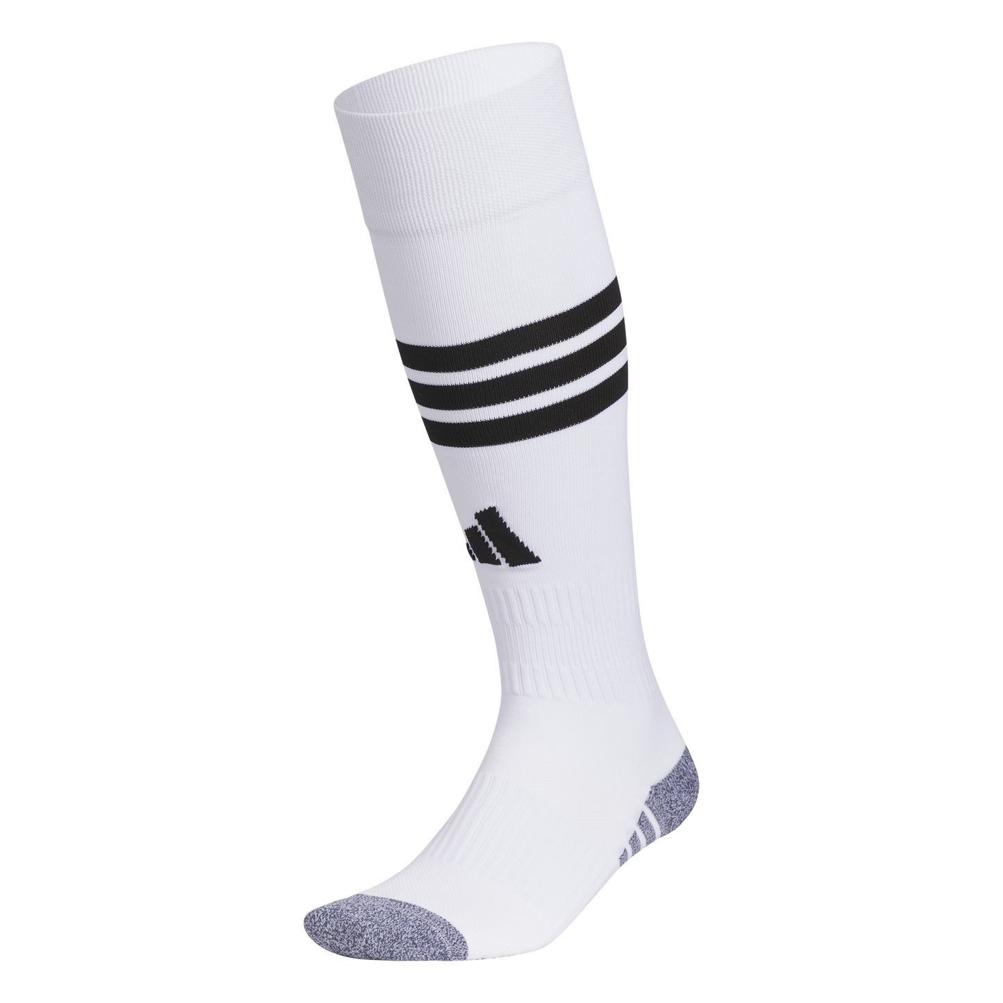 A white Adidas knee-high soccer sock featuring three black horizontal stripes on the calf, a black logo, and grey reinforced toe and heel sections.