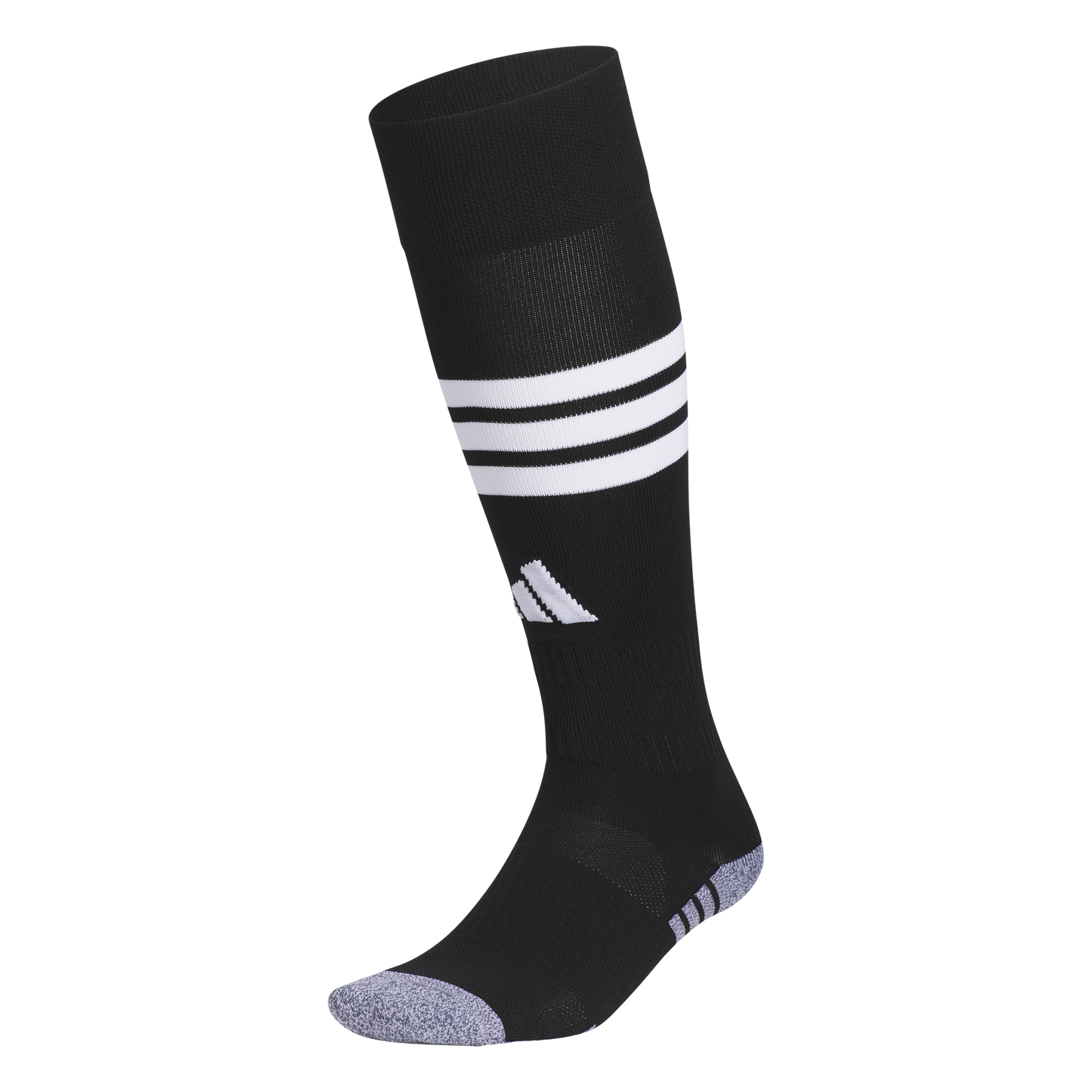 Black Adidas knee-high soccer sock with three white stripes, a white logo on the shin, and grey speckled toe and heel sections.