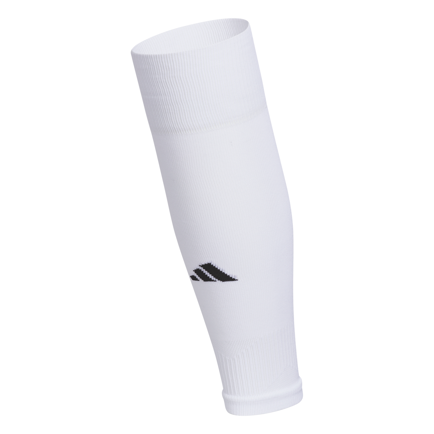 A white Adidas lower leg sleeve featuring a black logo on the front, shown as if worn on a mannequin leg.