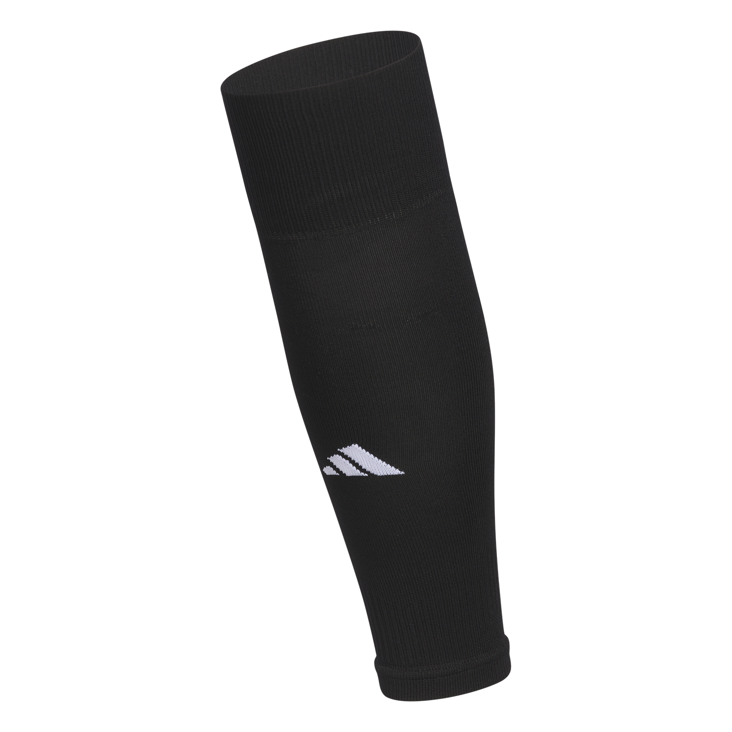 Black Adidas shin guard sleeve featuring a white 3-bar logo and ribbed cuffs.