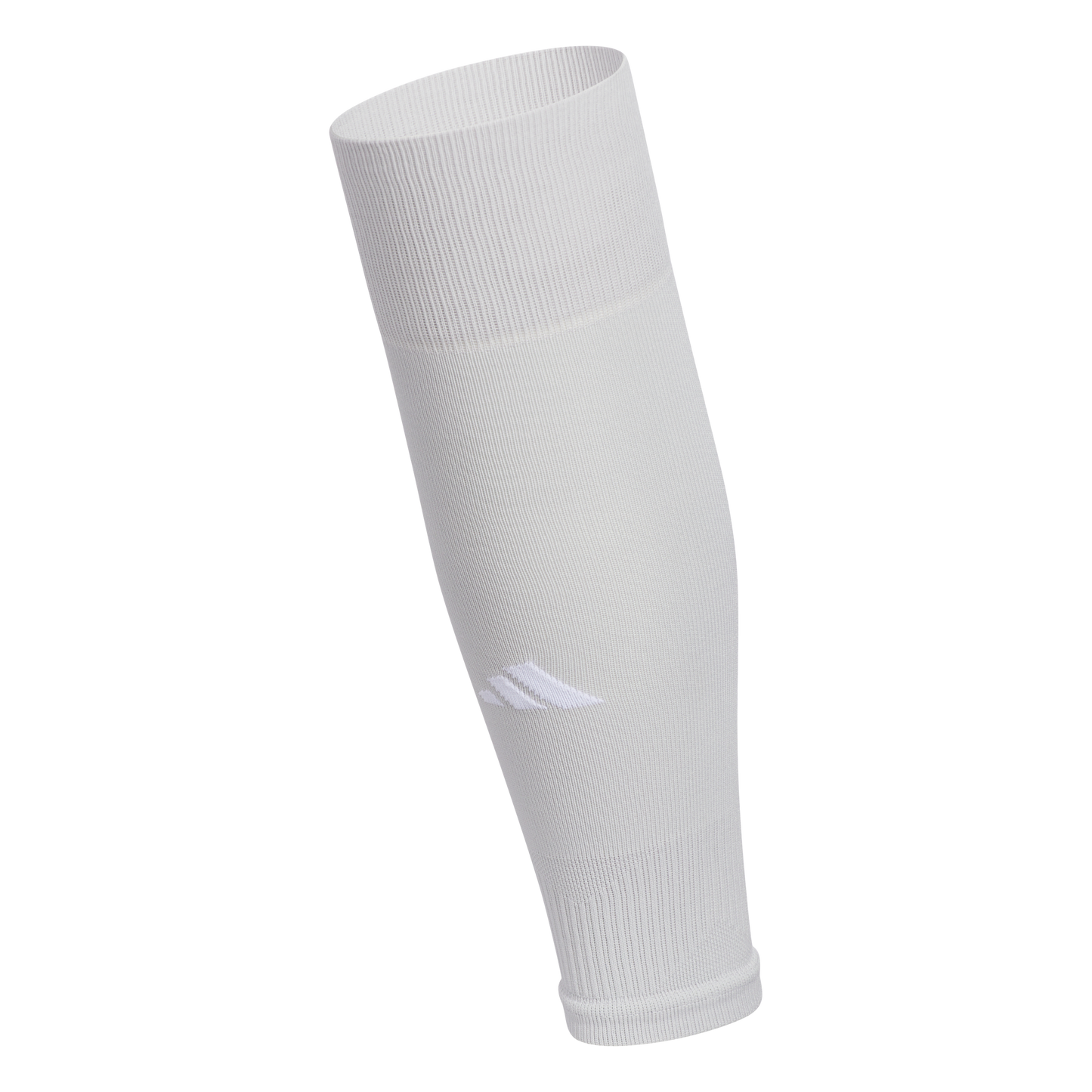 A white Adidas athletic calf sleeve featuring a ribbed knit design and a white logo near the bottom.