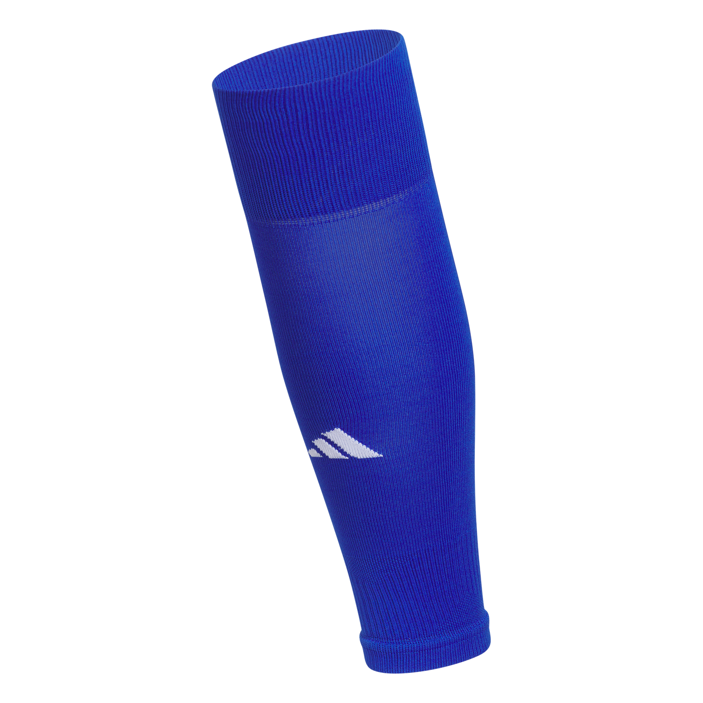 Royal blue Adidas leg compression sleeve featuring a white logo near the ankle and ribbed cuffs at both ends.
