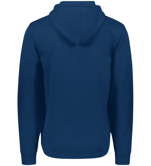 Back view of a solid navy blue hoodie featuring an attached hood, long sleeves, and ribbed cuffs and hem.
