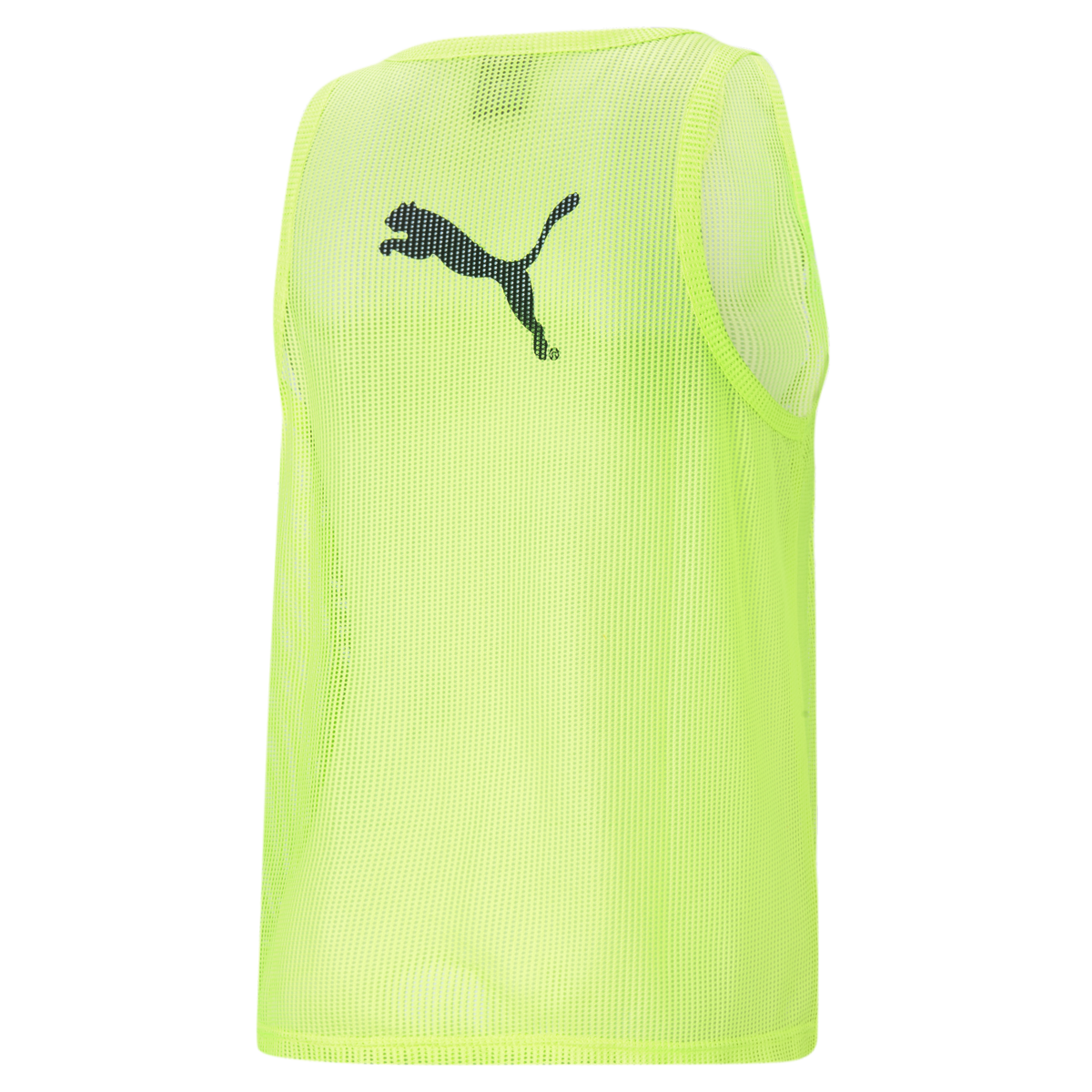 Back view of a neon yellow mesh Puma training bib featuring a large black leaping cat logo.