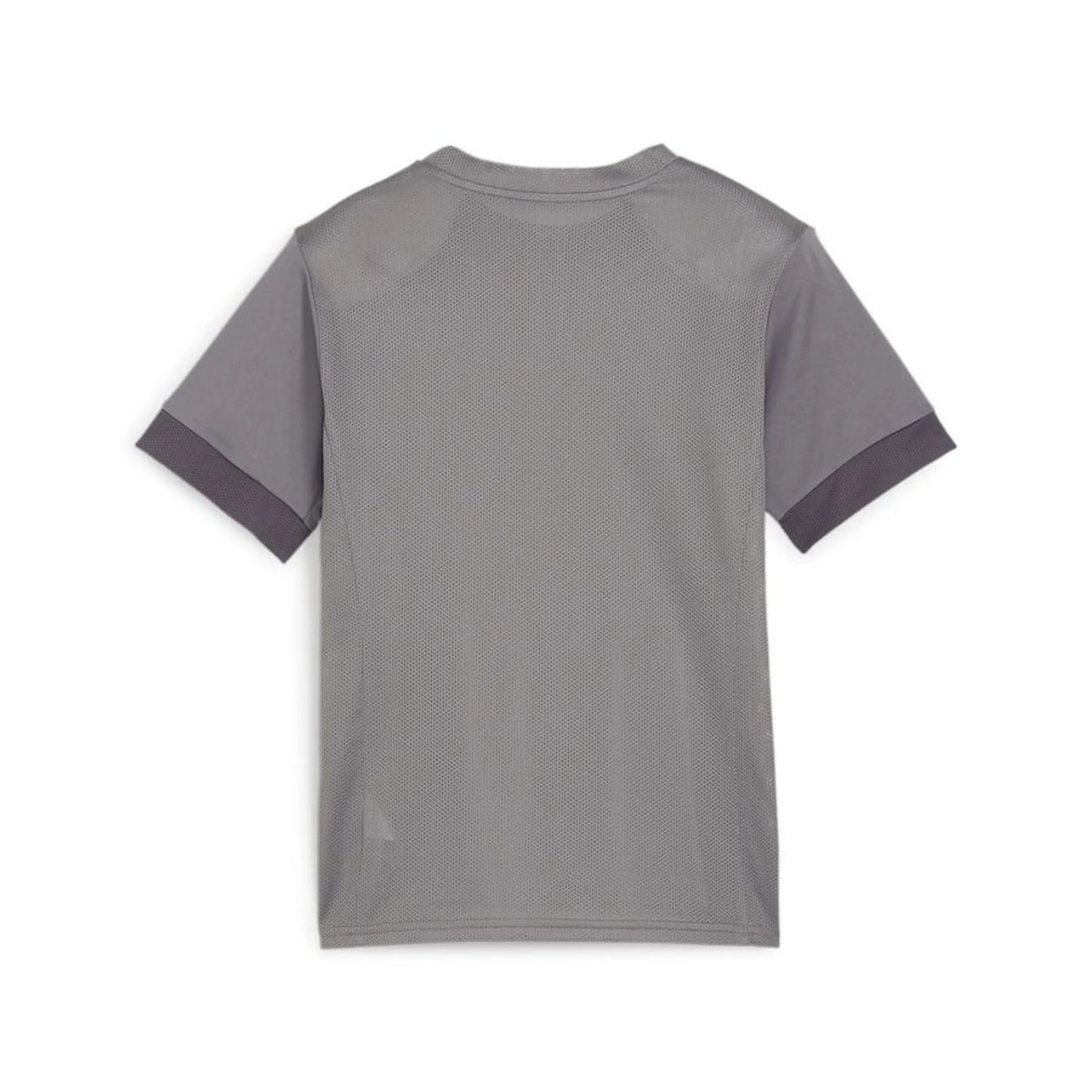 Back view of a grey short-sleeved athletic t-shirt with a breathable mesh back panel and dark grey mesh accents on the sleeve cuffs.