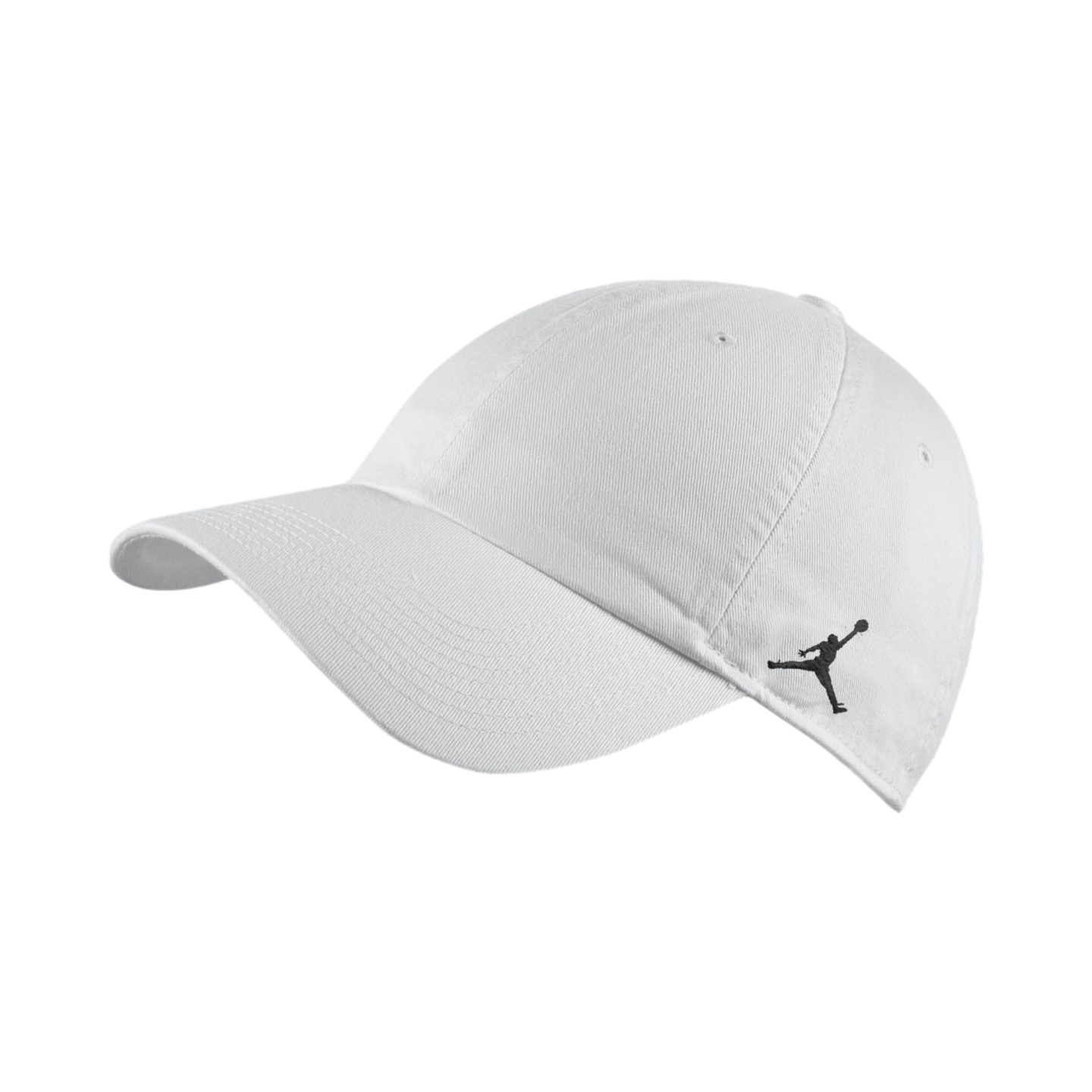 A white Jordan baseball cap with a small black Jumpman logo on the side, shown at a three-quarter angle.