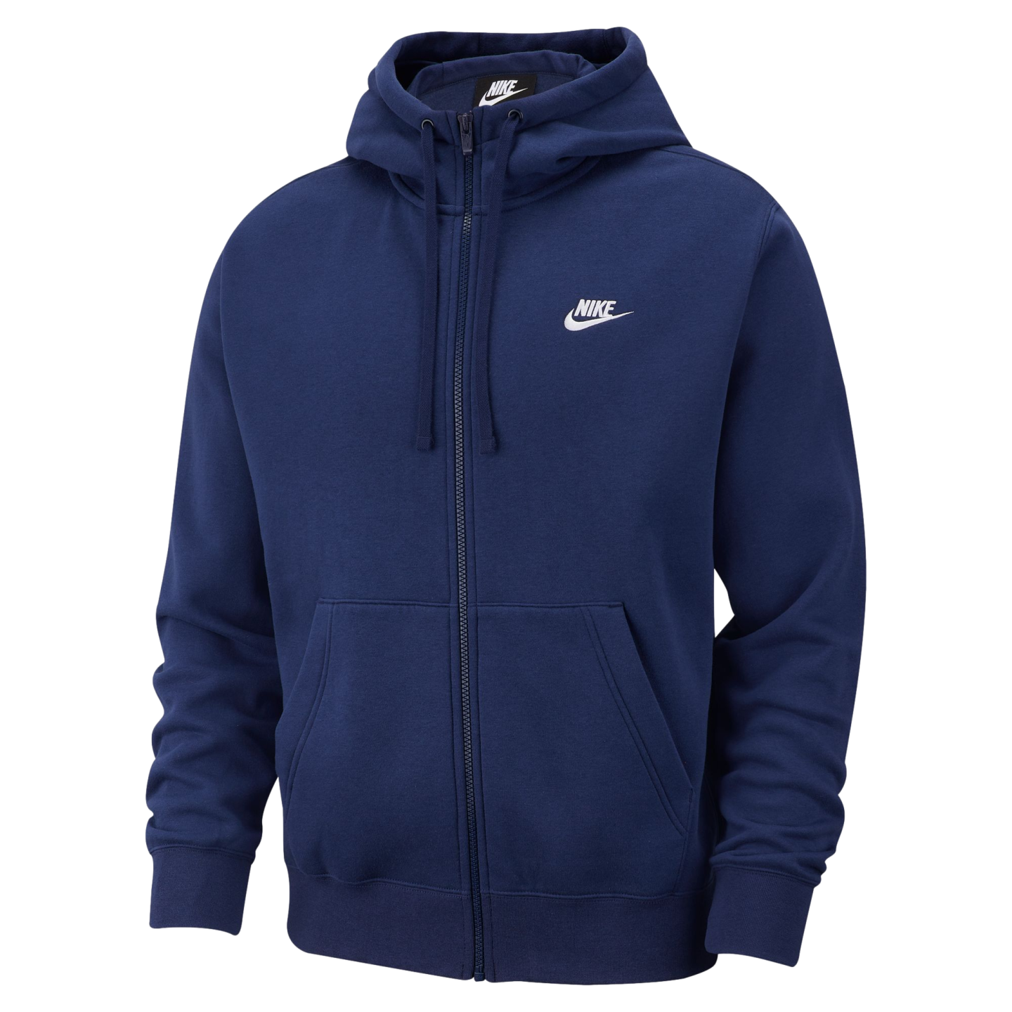 A navy blue Nike full-zip hoodie featuring a white logo on the chest, drawstrings, and front kangaroo pockets.