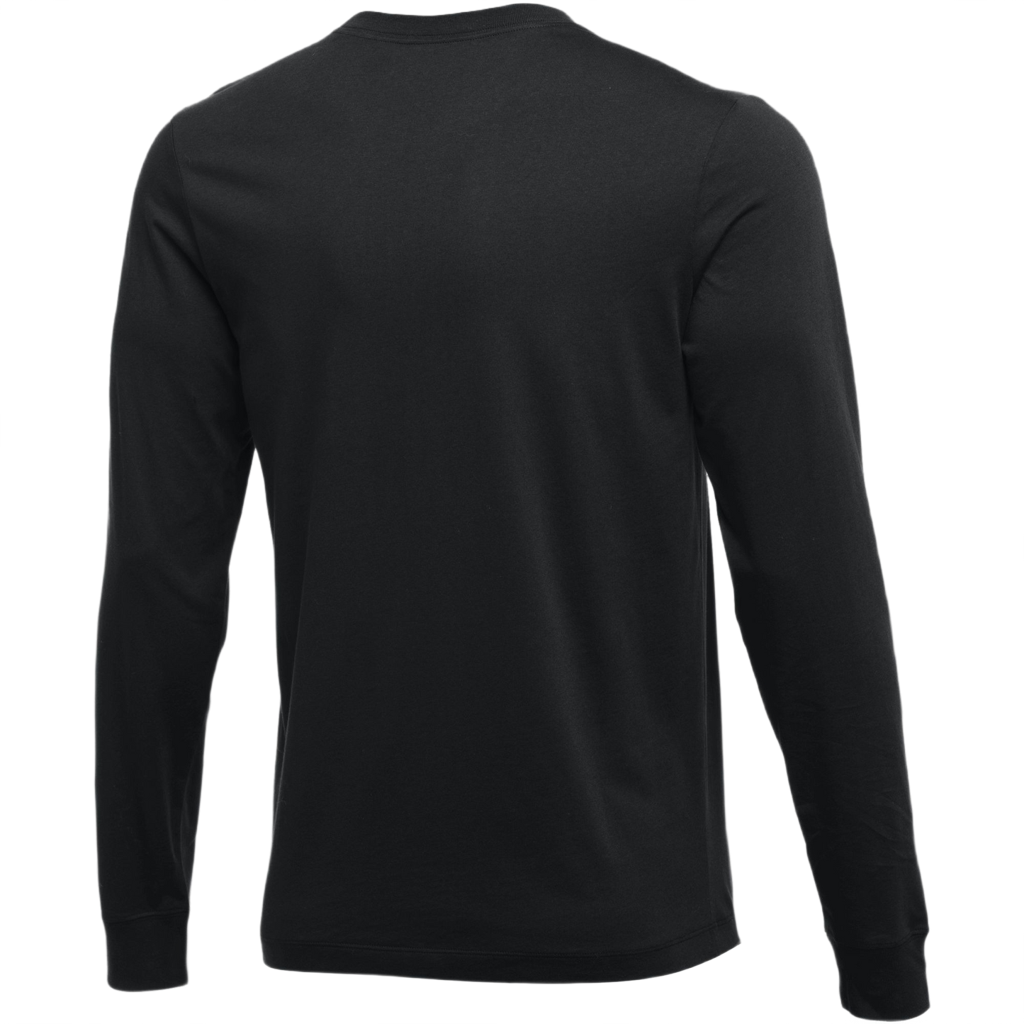 Back view of a black long-sleeved crew neck t-shirt with ribbed cuffs.