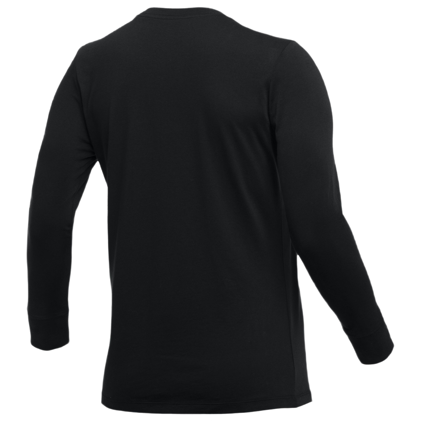 Back view of a plain black long-sleeved shirt with ribbed cuffs and a crew neckline against a white background.