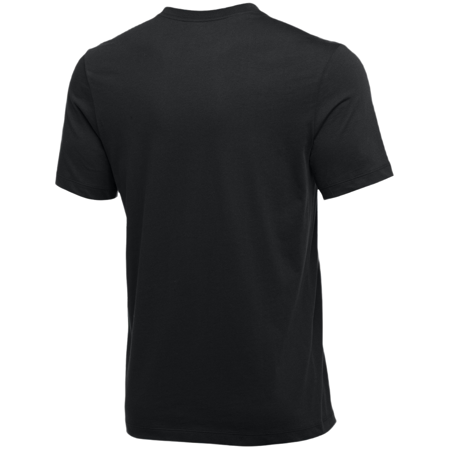 Rear view of a solid black short-sleeved crew neck t-shirt.