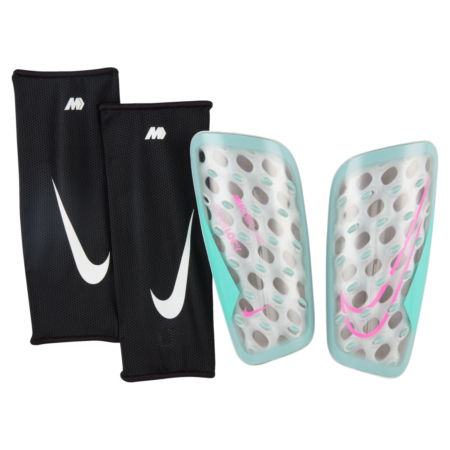 Nike Mercurial Flylite Superlock shin guards with translucent teal shells and pink logos, shown with black mesh compression sleeves featuring white Nike swooshes.