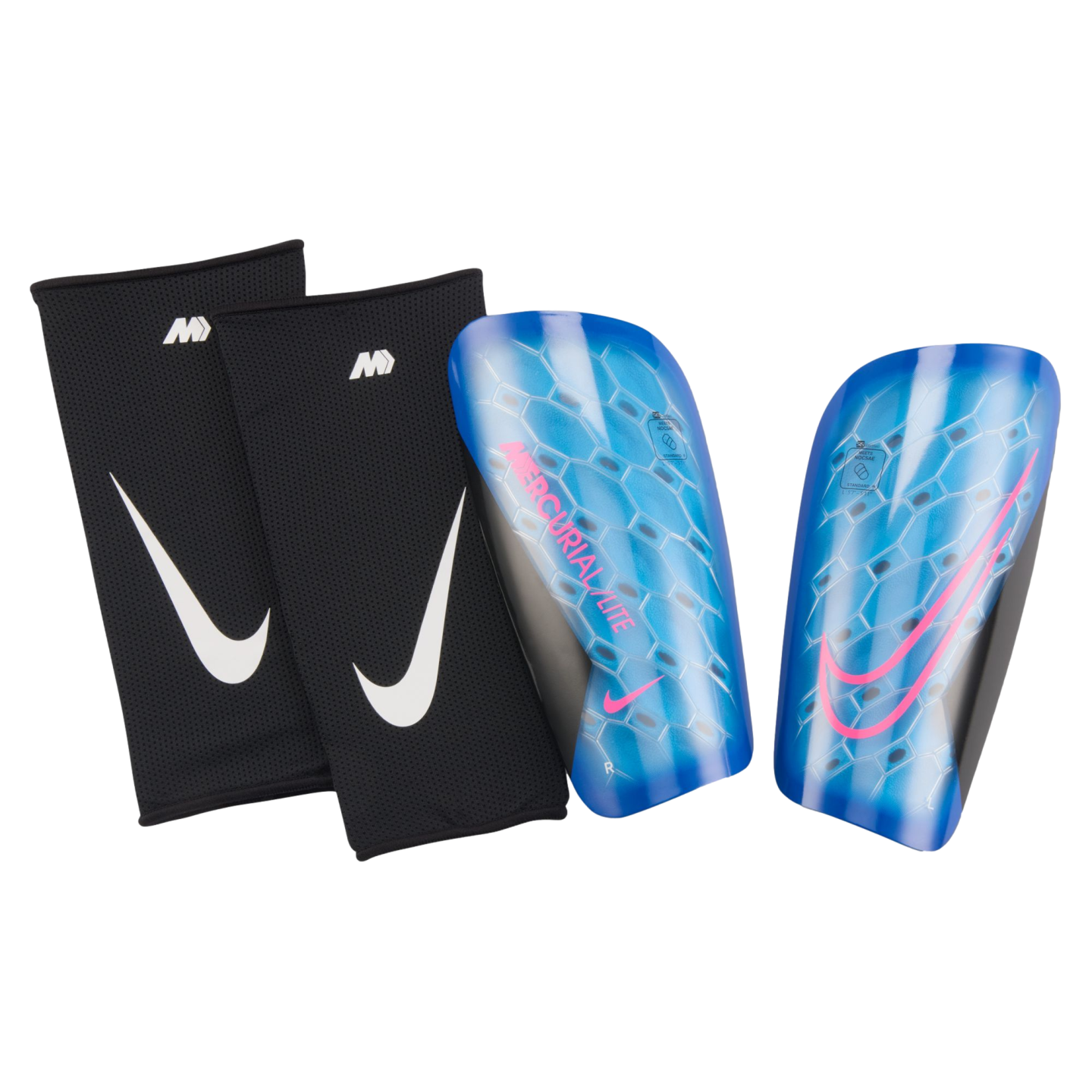 Blue Nike Mercurial Lite shin guards with pink accents and black sleeves, featuring white Nike swooshes, on a black background.