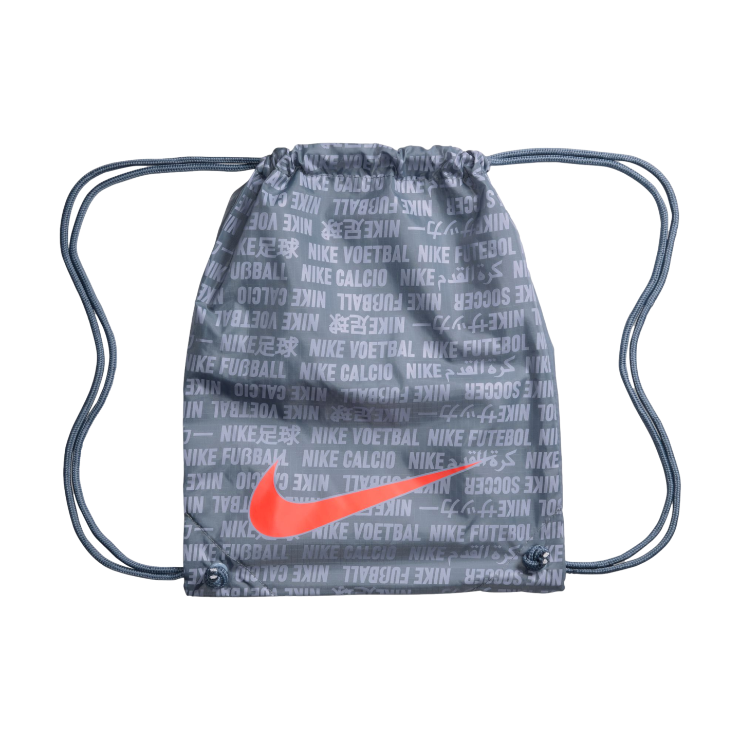 A grey Nike drawstring bag with an orange swoosh. It features a multilingual "Nike soccer" text pattern and grey cords, set against a black background.