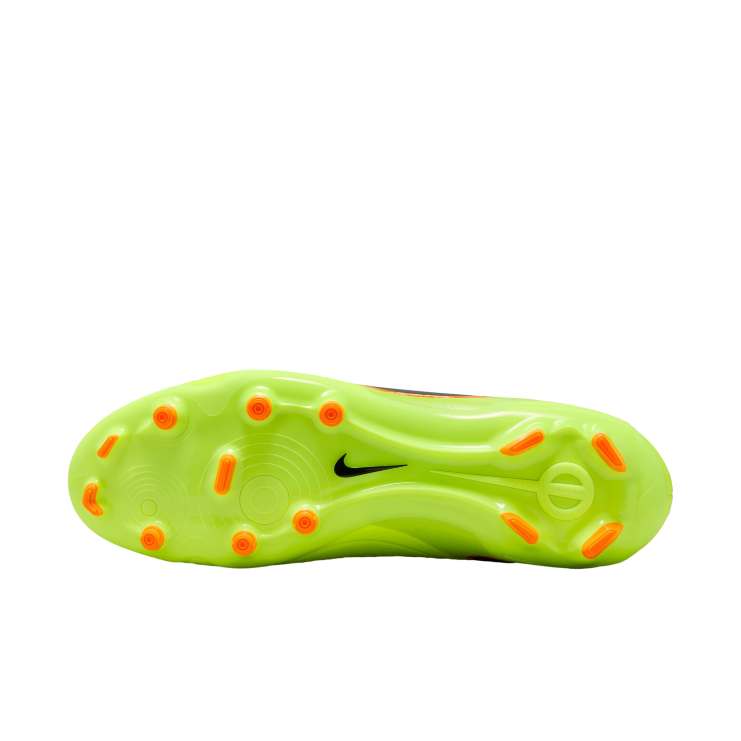 Bottom view of a lime green Nike soccer cleat with orange studs and a black swoosh logo against a black background.
