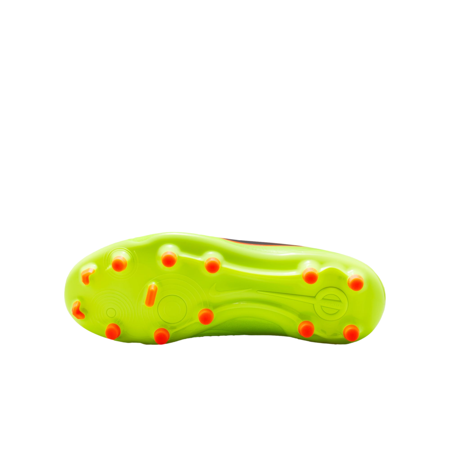 Bottom view of a lime green soccer cleat soleplate with bright orange studs, set against a black background.