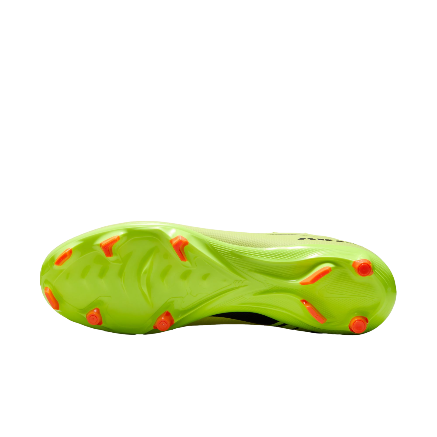 The neon lime green soleplate of a soccer cleat featuring bright orange studs and a textured grip pattern, shown against a solid black background.