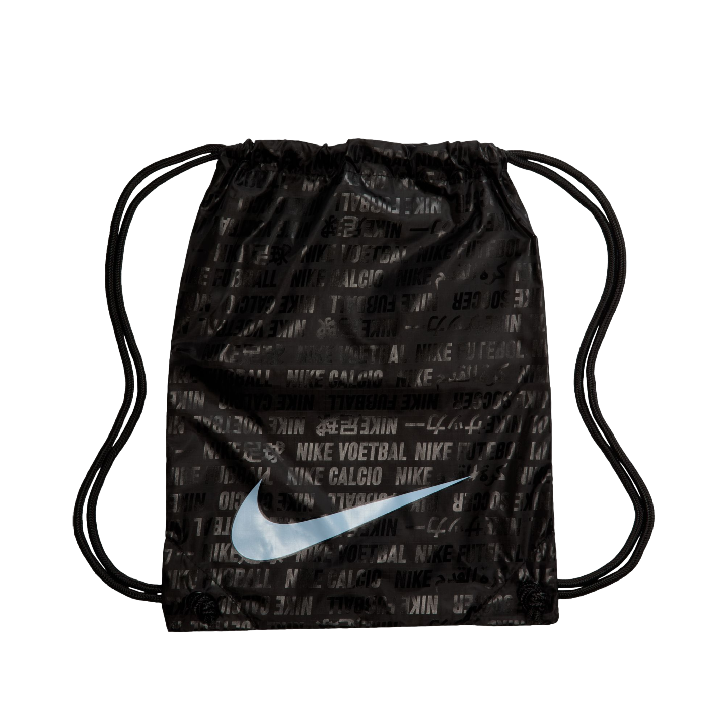 Black Nike drawstring bag featuring a large iridescent light blue swoosh logo and a tonal repeating pattern of the word "soccer" in multiple languages and scripts.