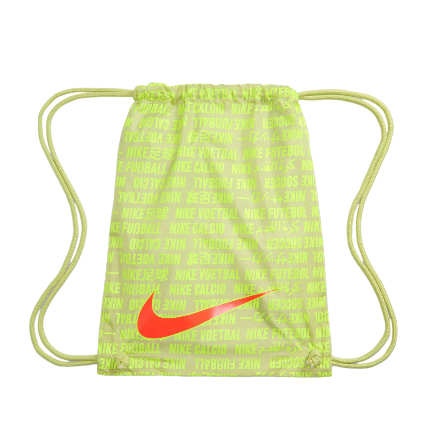Lime green Nike drawstring bag with a large orange swoosh logo and a repeating multi-language soccer-themed text pattern.