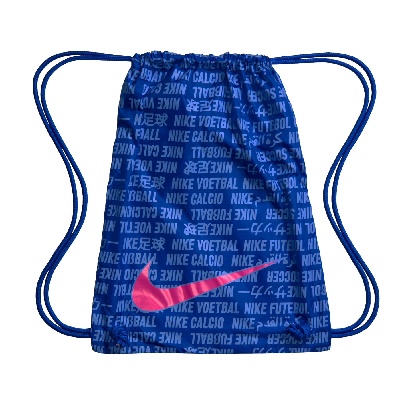 A blue Nike drawstring bag with a large metallic pink swoosh over a repeating pattern of the word "soccer" in multiple languages.