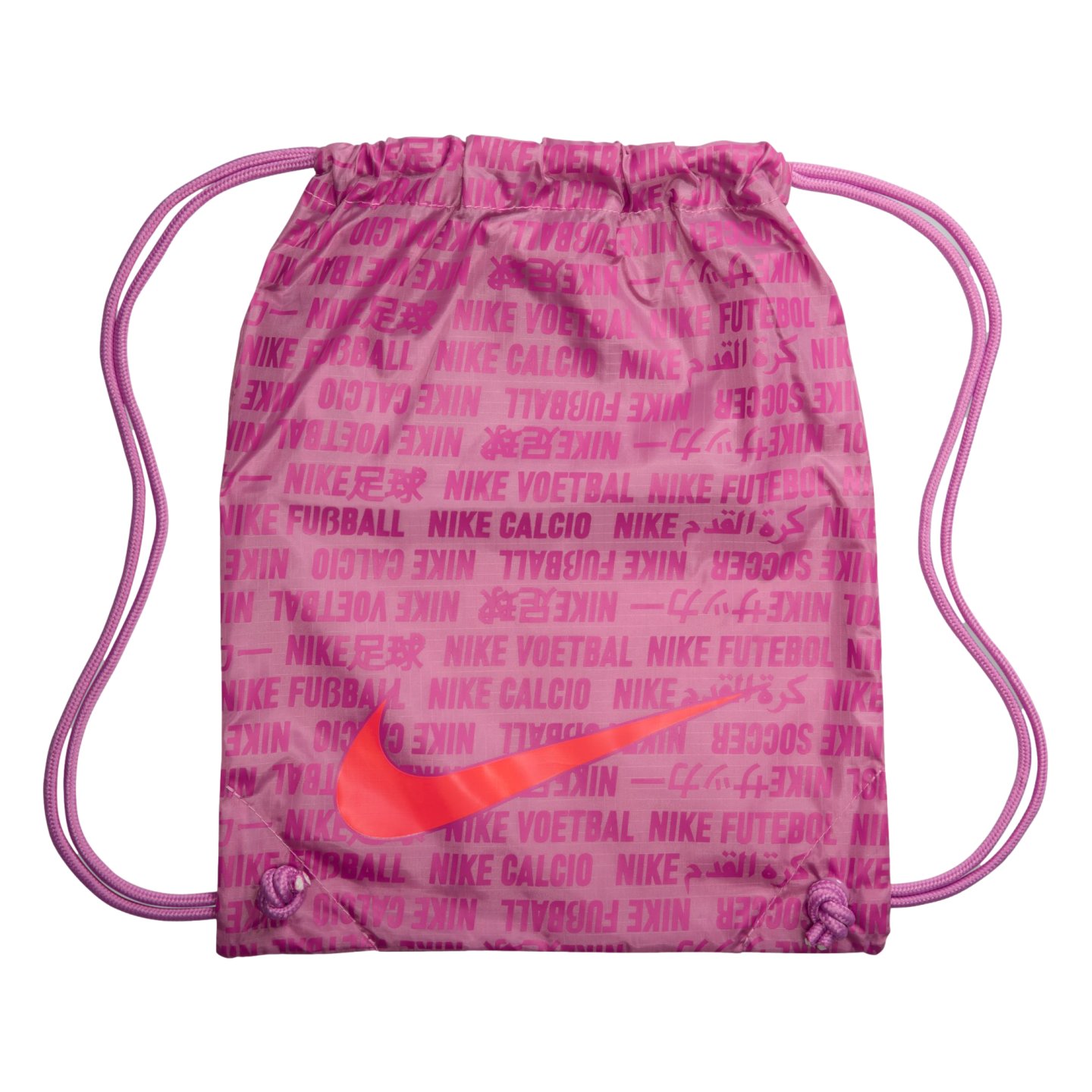 Pink Nike drawstring gym bag with a large orange swoosh logo and an all-over text pattern of "Nike" and international translations for "soccer."