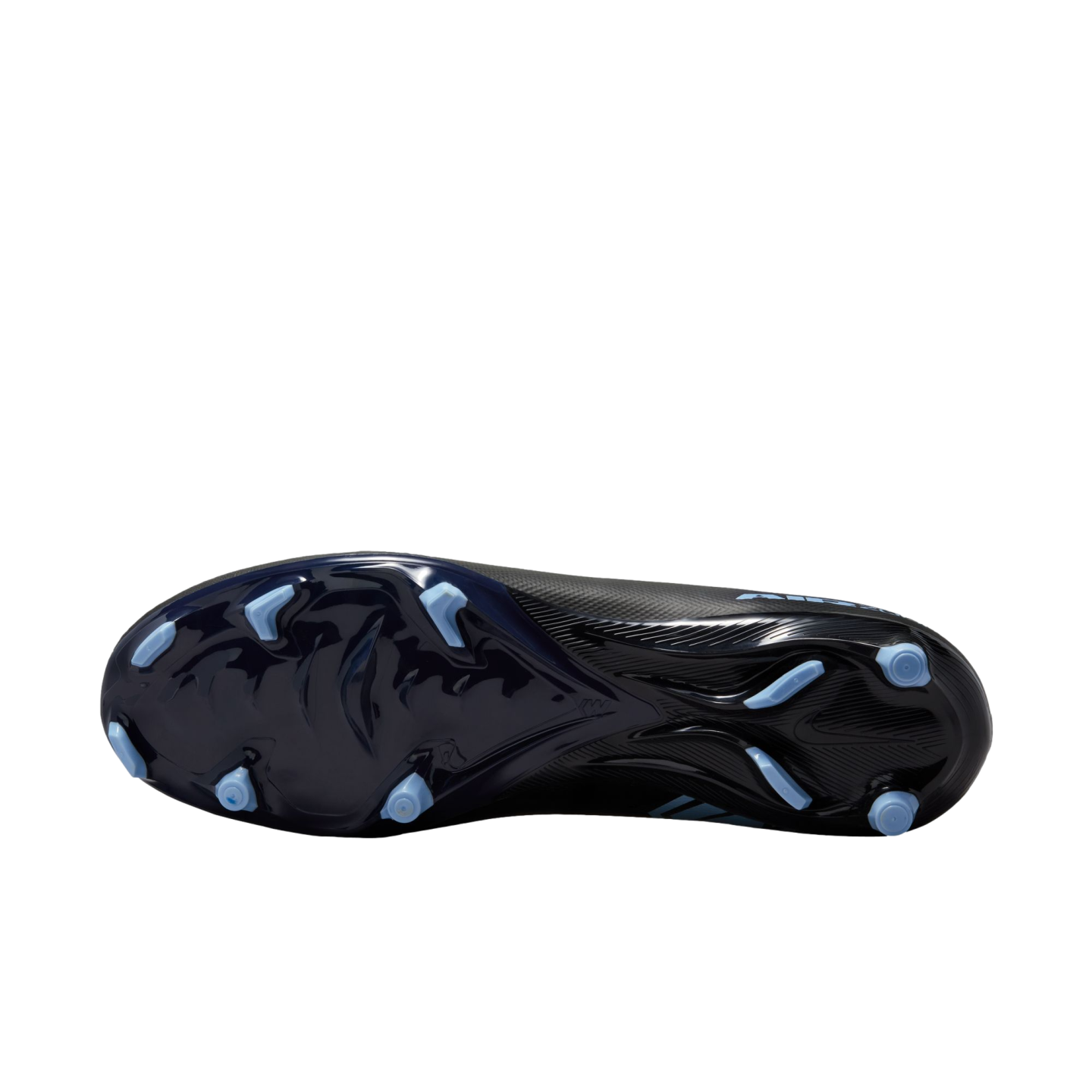 Bottom view of a navy blue soccer cleat with light blue studs against a black background.
