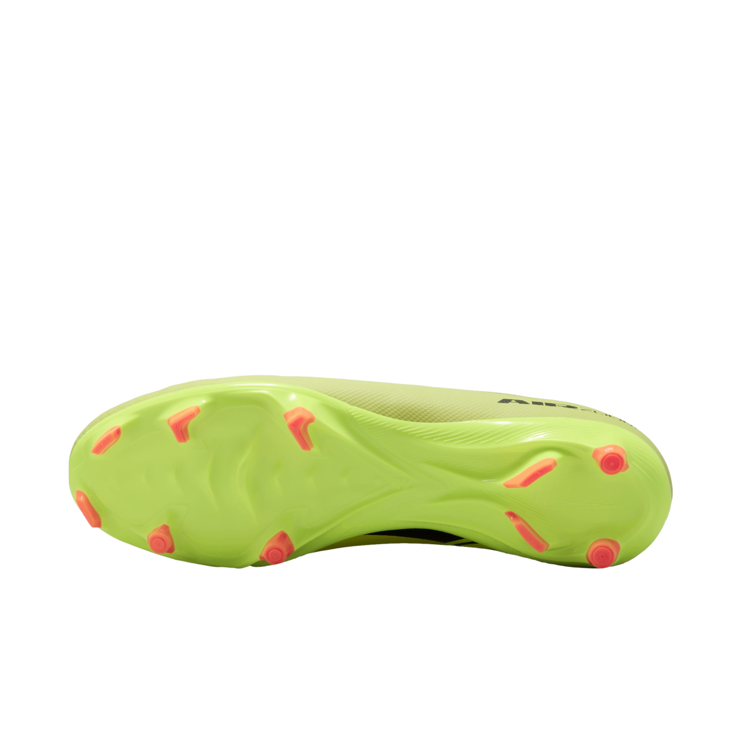 The bottom sole of a neon yellow soccer cleat with bright orange studs, shown against a black background.