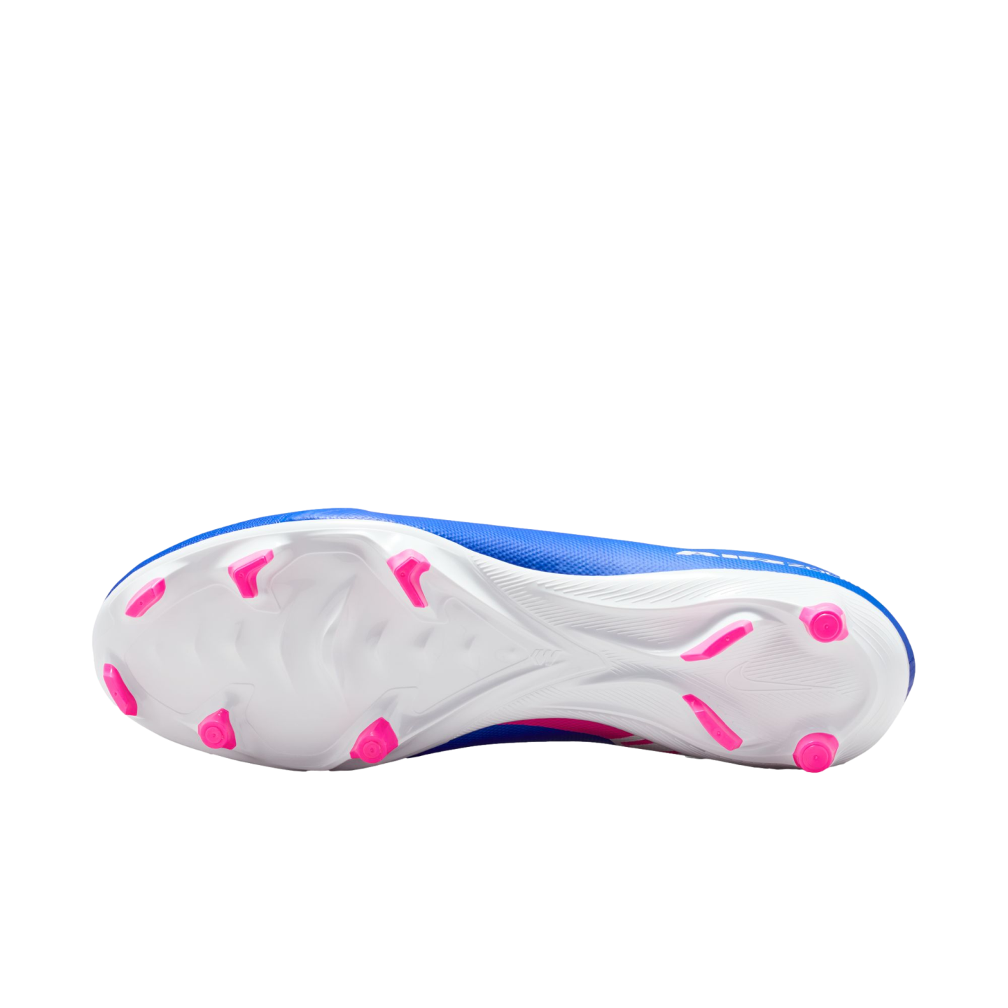 Underside of a blue Nike soccer cleat featuring a white soleplate with bright pink traction studs.