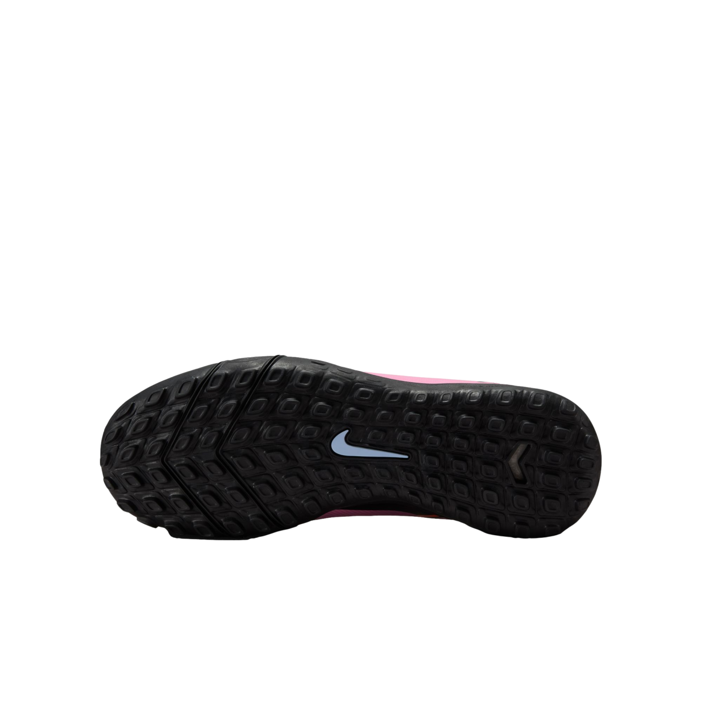 Bottom view of a black Nike shoe outsole featuring a light blue swoosh logo and a textured traction pattern, set against a black background.