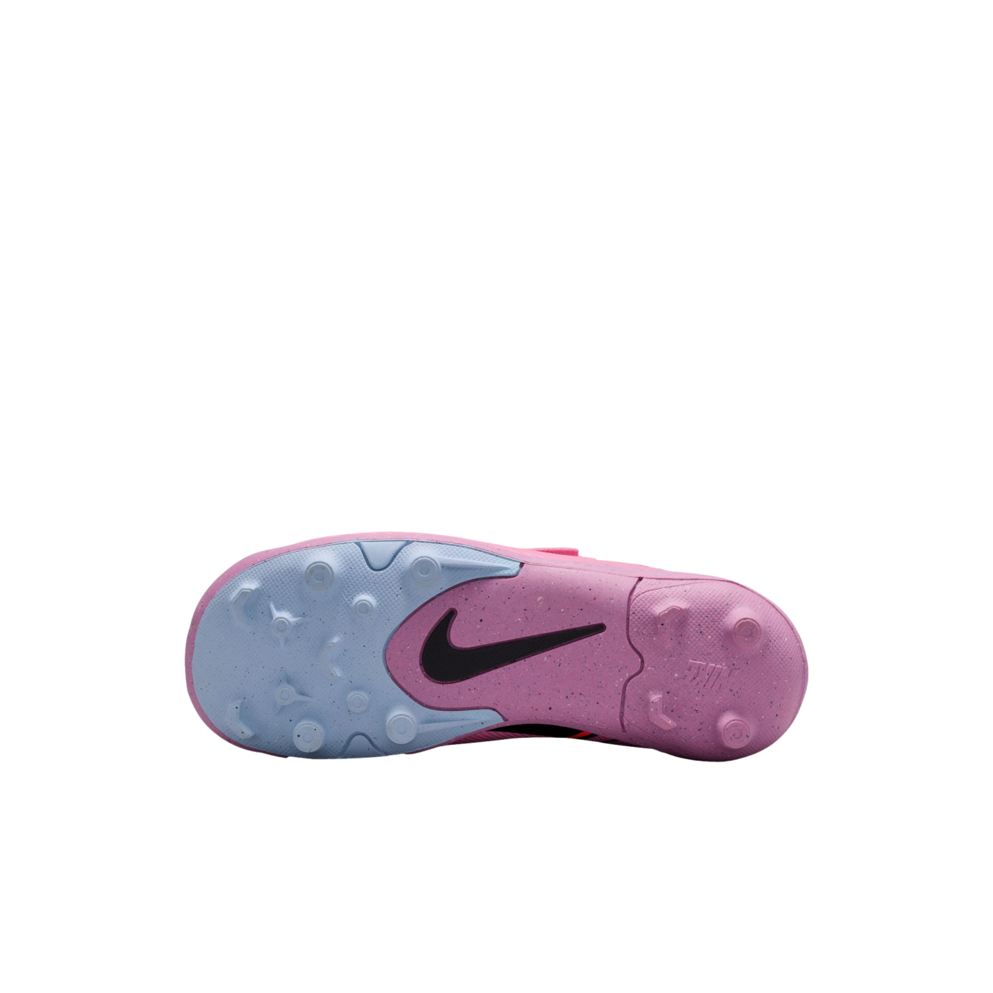 Bottom view of a Nike soccer cleat featuring a pink and light blue speckled sole with rounded studs and a black swoosh logo.
