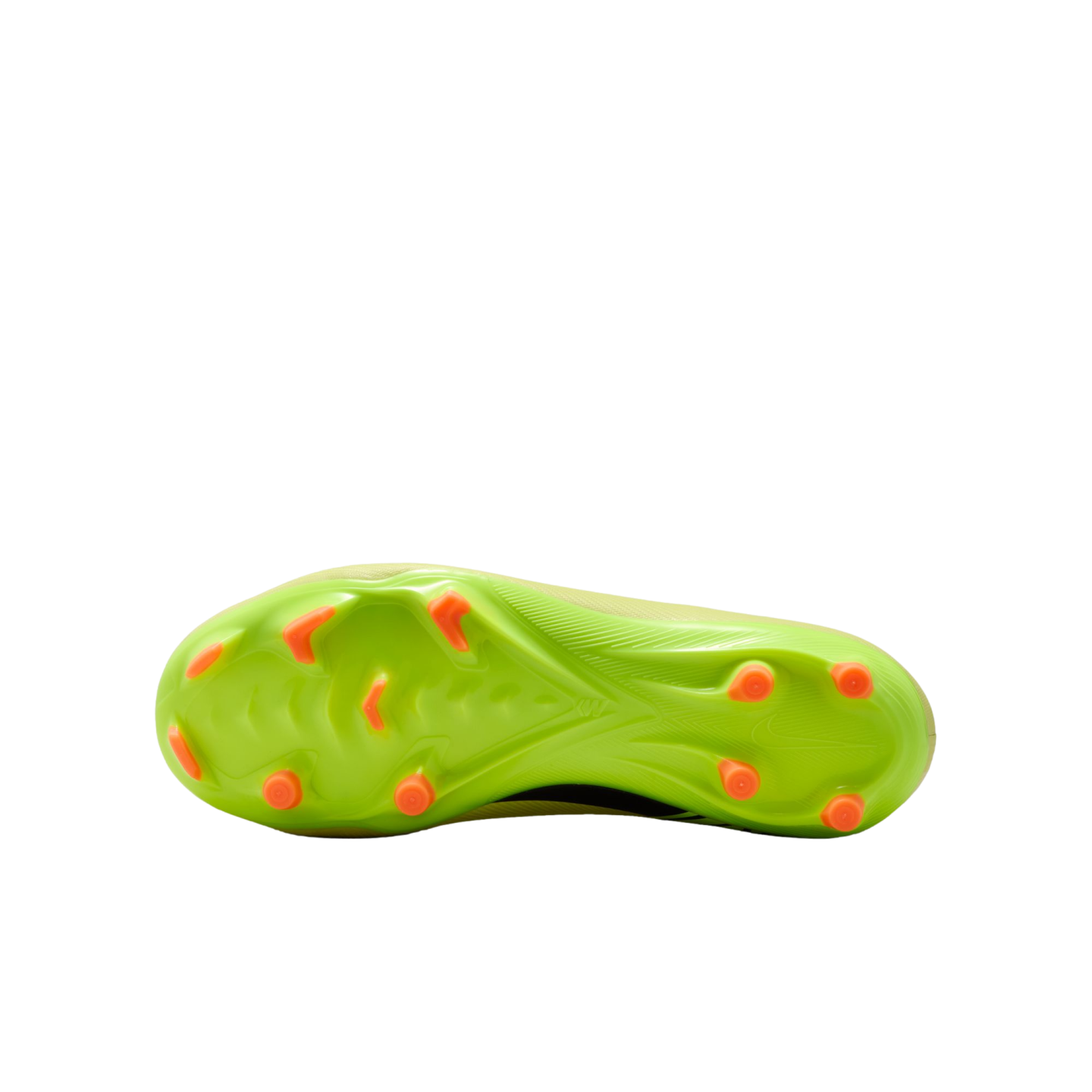 Neon green Nike soccer cleat soleplate with bright orange studs against a black background.