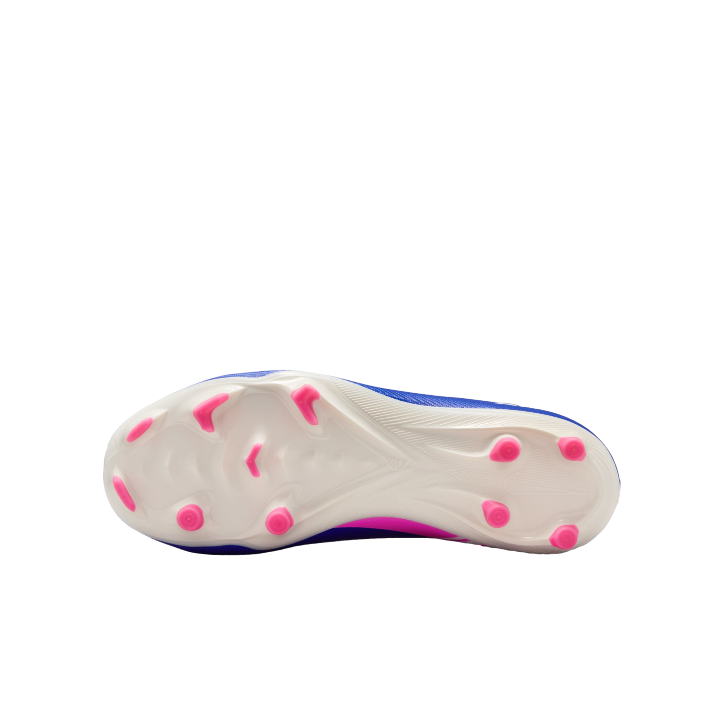 The white sole of a blue and pink soccer cleat, featuring bright pink studs against a solid black background.