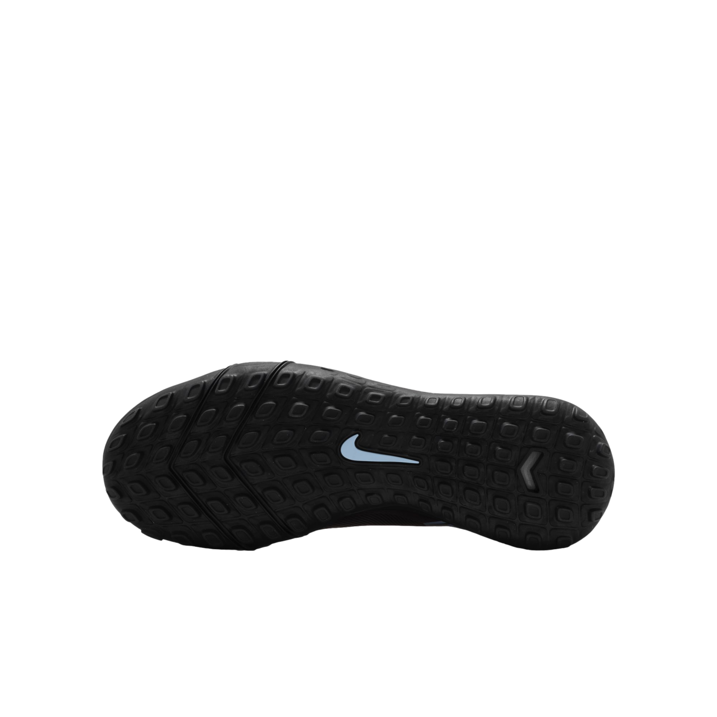 Bottom view of a black studded Nike shoe sole featuring a light blue swoosh logo in the center against a solid black background.