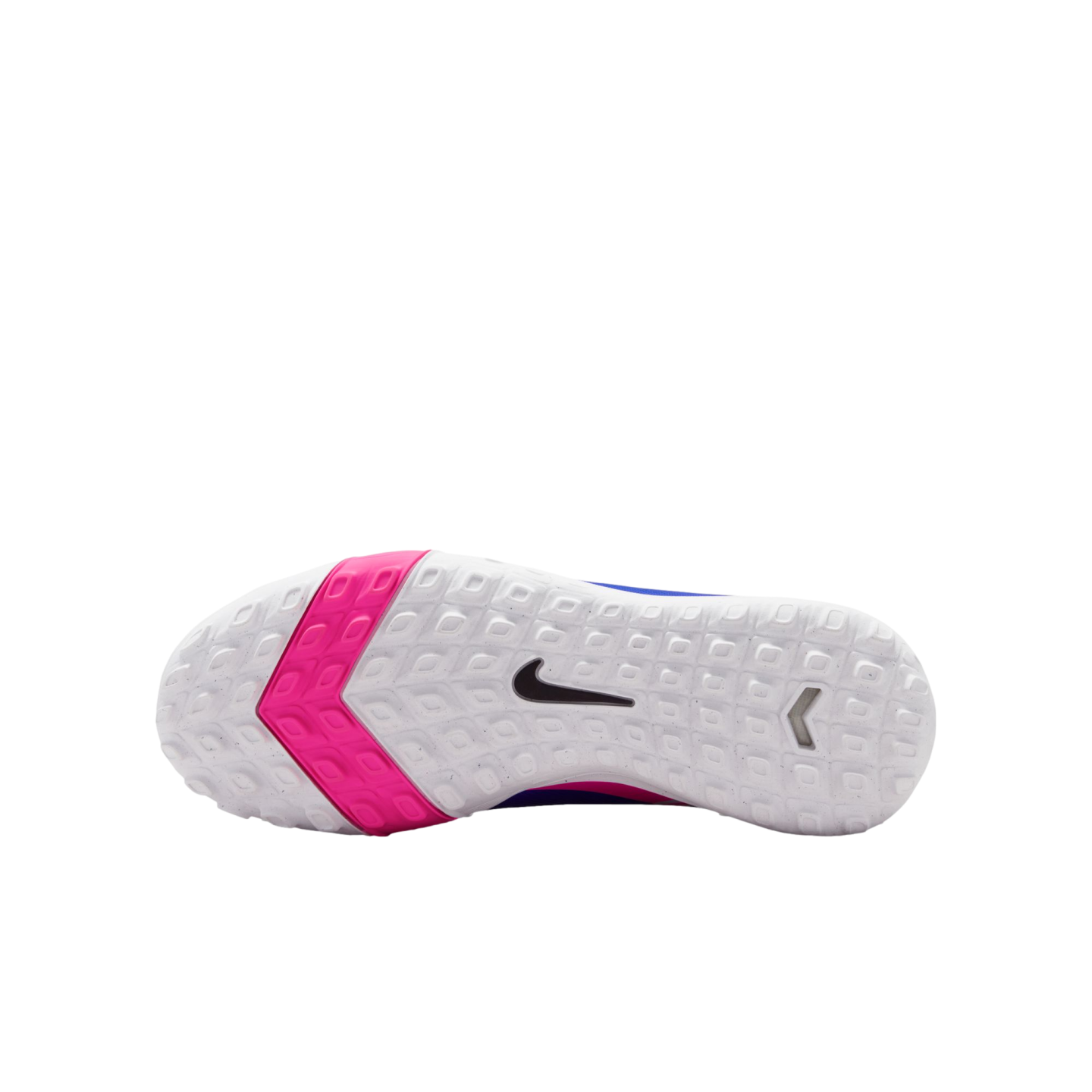 The white textured sole of a Nike shoe with a black swoosh logo and a bright pink chevron accent on the forefoot, shown against a solid black background.