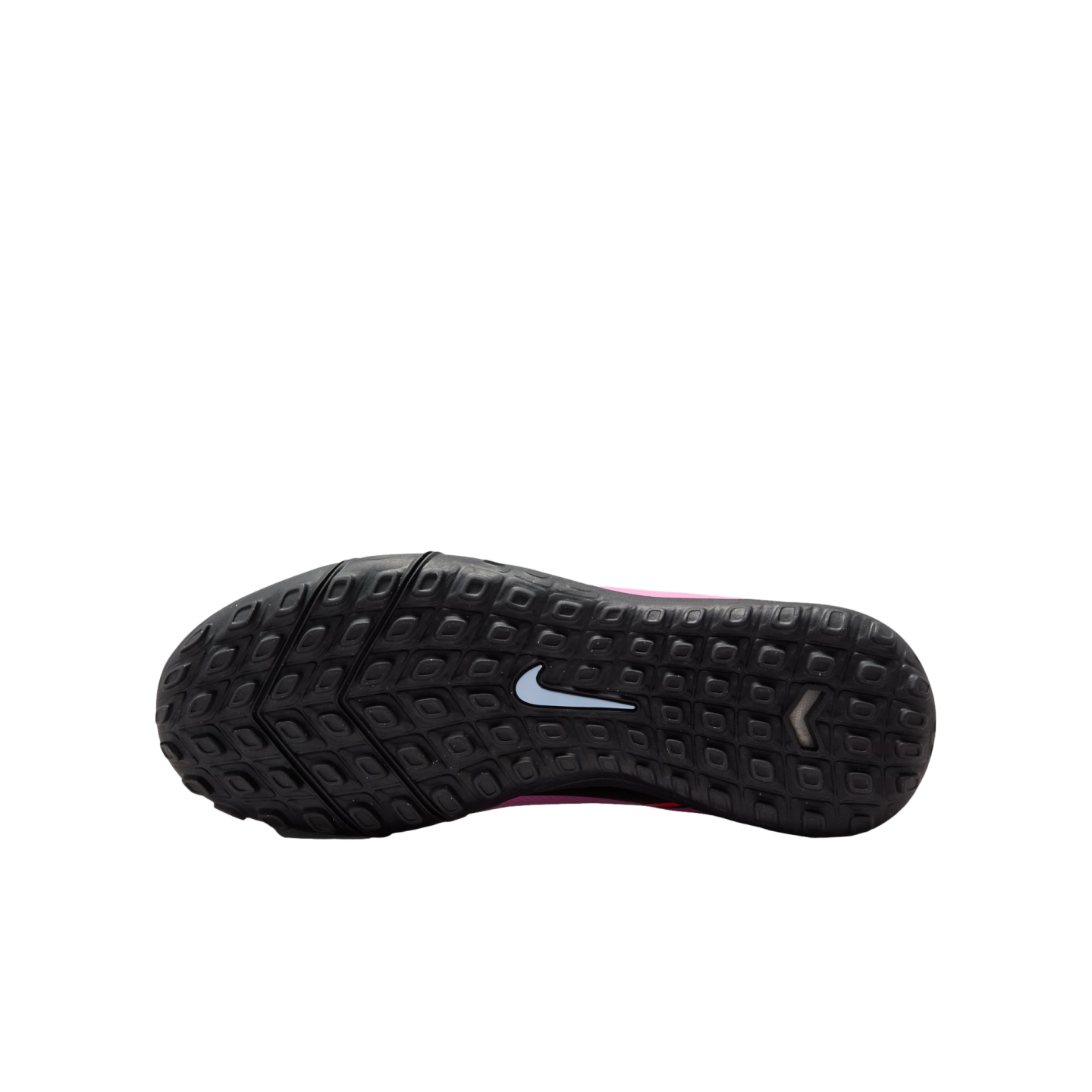 The black rubber outsole of a Nike turf shoe with a white swoosh logo and rectangular traction studs, shown against a black background.