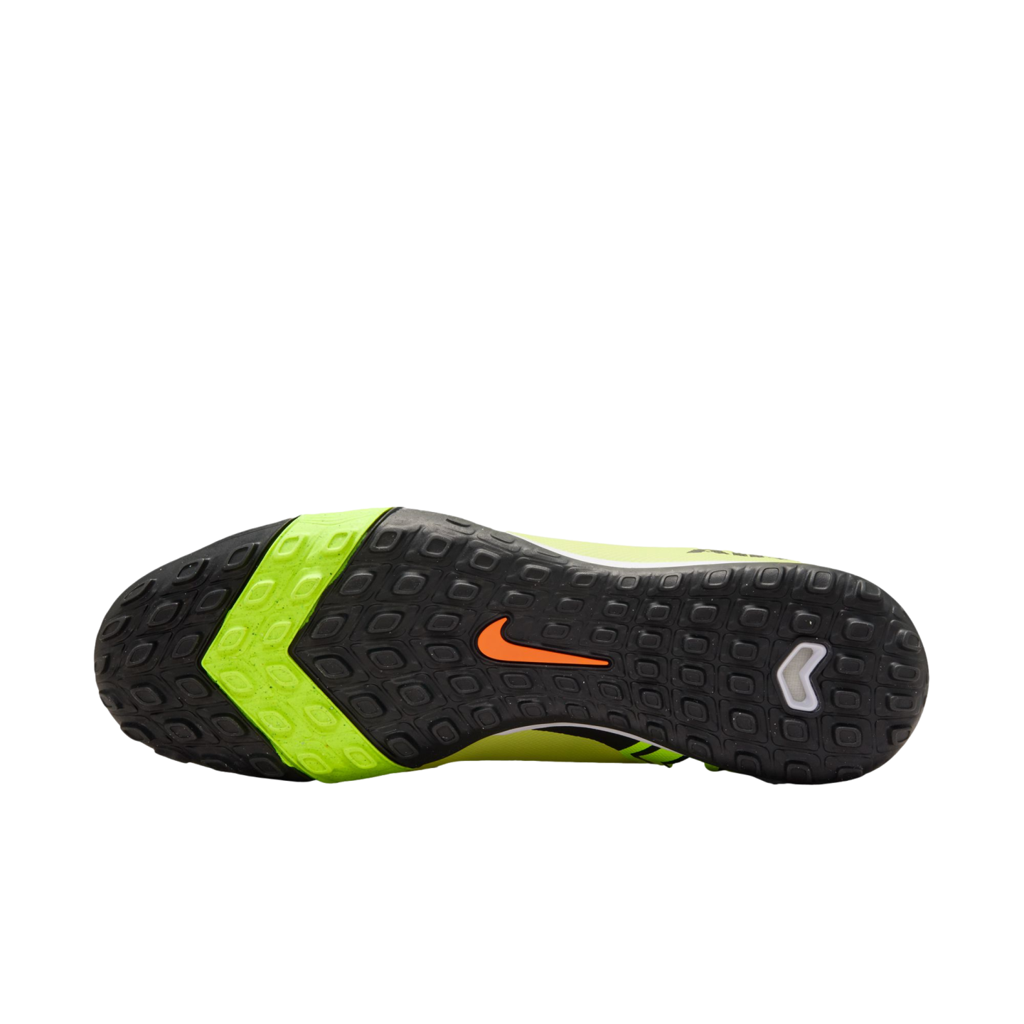 Bottom of a black and lime green Nike turf soccer shoe showing the studded rubber outsole and orange swoosh logo.