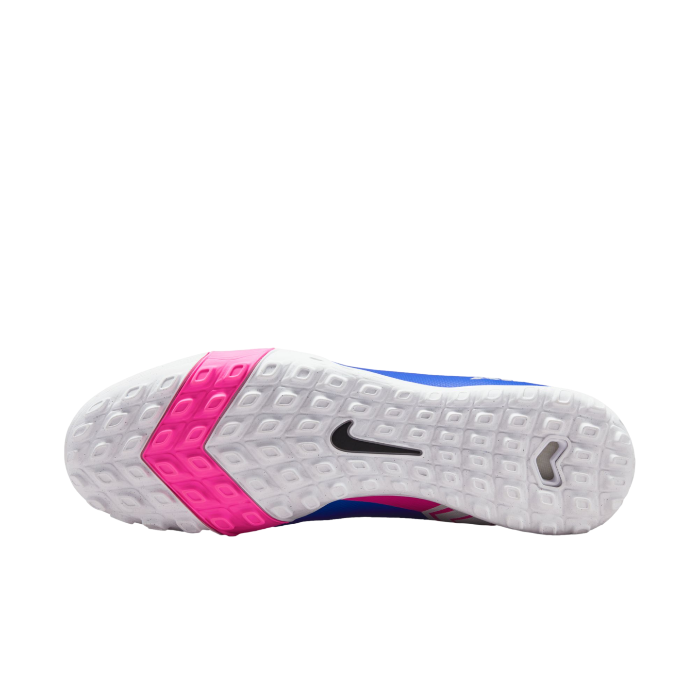 Bottom view of a white Nike soccer shoe sole with pink chevron patterns, small square treads, and a black swoosh logo.