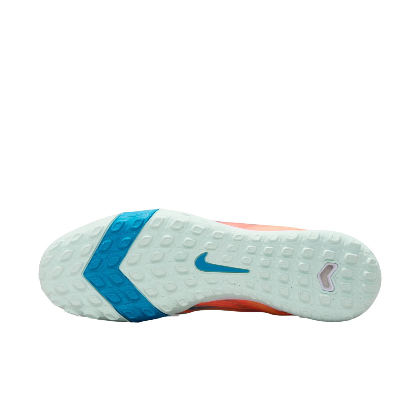 Sole of a Nike soccer shoe with a mint green and blue textured tread pattern and a blue swoosh in the center, set against a black background.