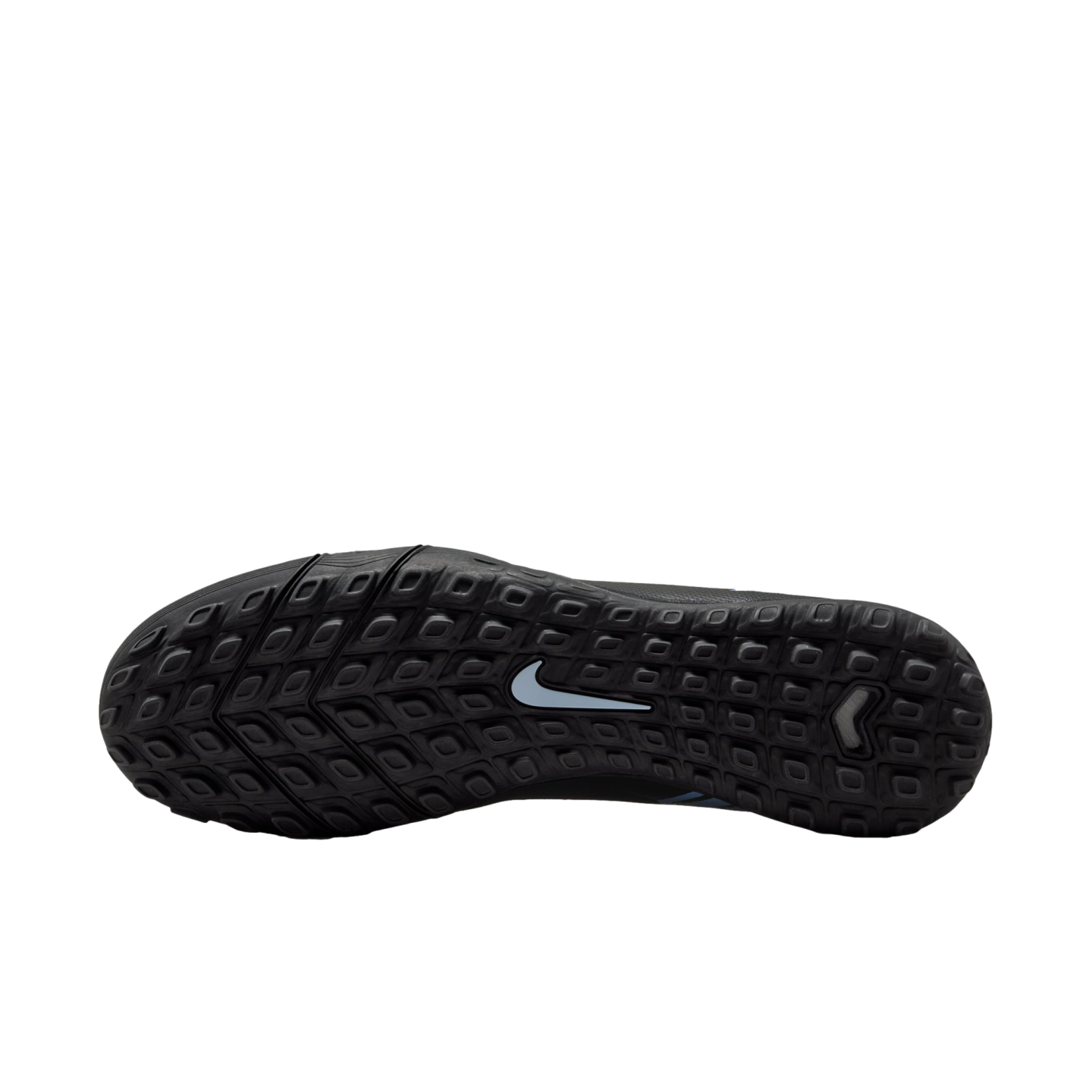 Bottom view of a black Nike shoe outsole with a textured traction pattern and a light blue swoosh logo in the center.