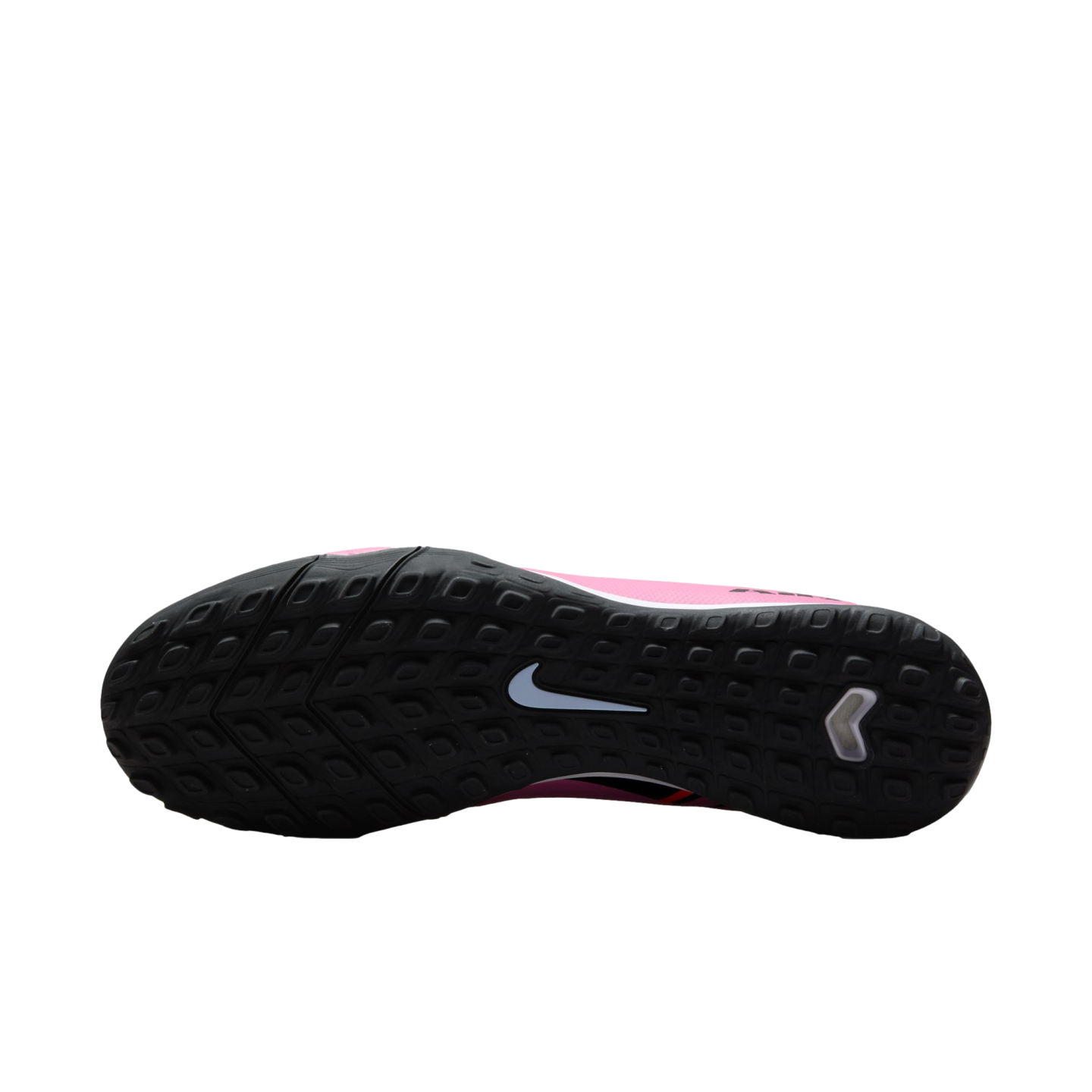 Underside of a Nike shoe featuring a black textured rubber sole with a central white swoosh and a pink upper.