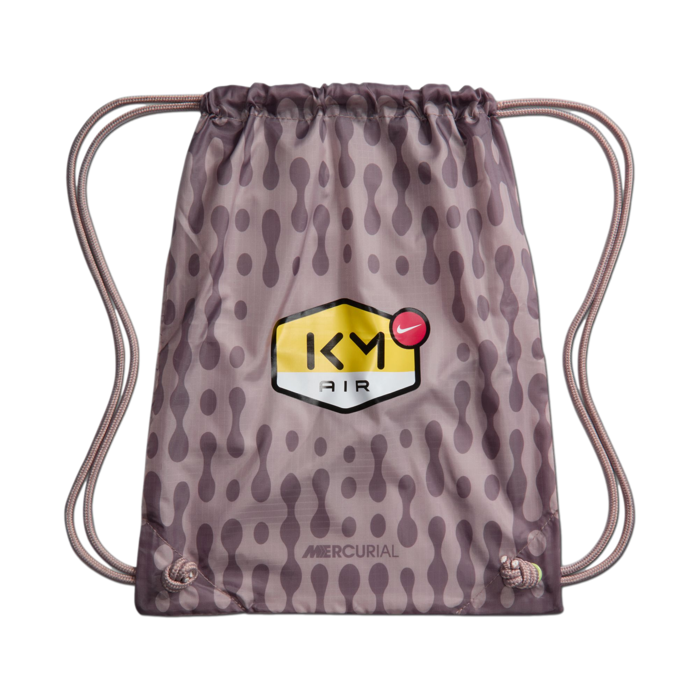 Purple drawstring bag with an abstract dot pattern, a yellow hexagonal "KM AIR" logo in the center, and "MERCURIAL" text near the bottom.
