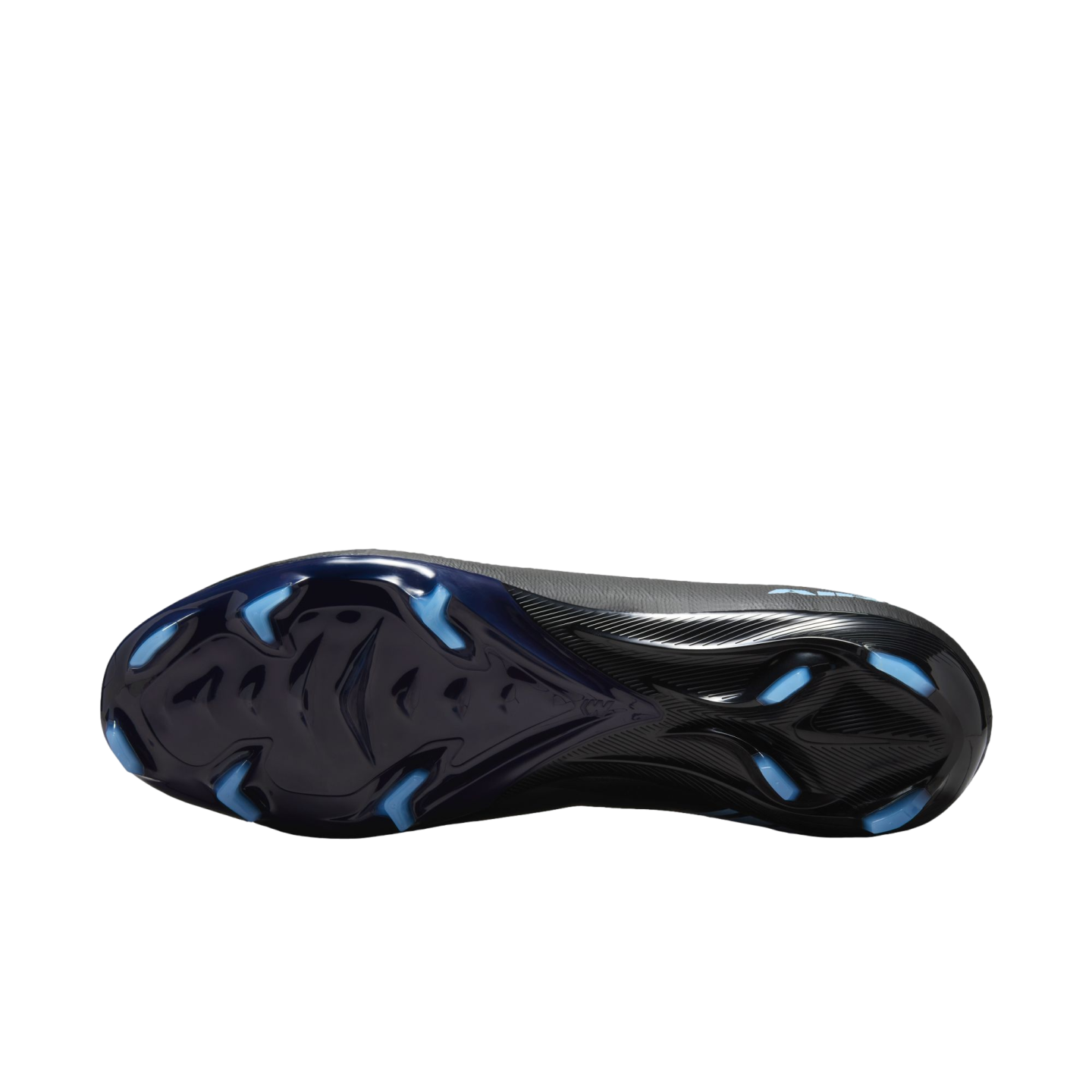 Bottom view of a black soccer cleat soleplate with light blue bladed studs, set against a black background.